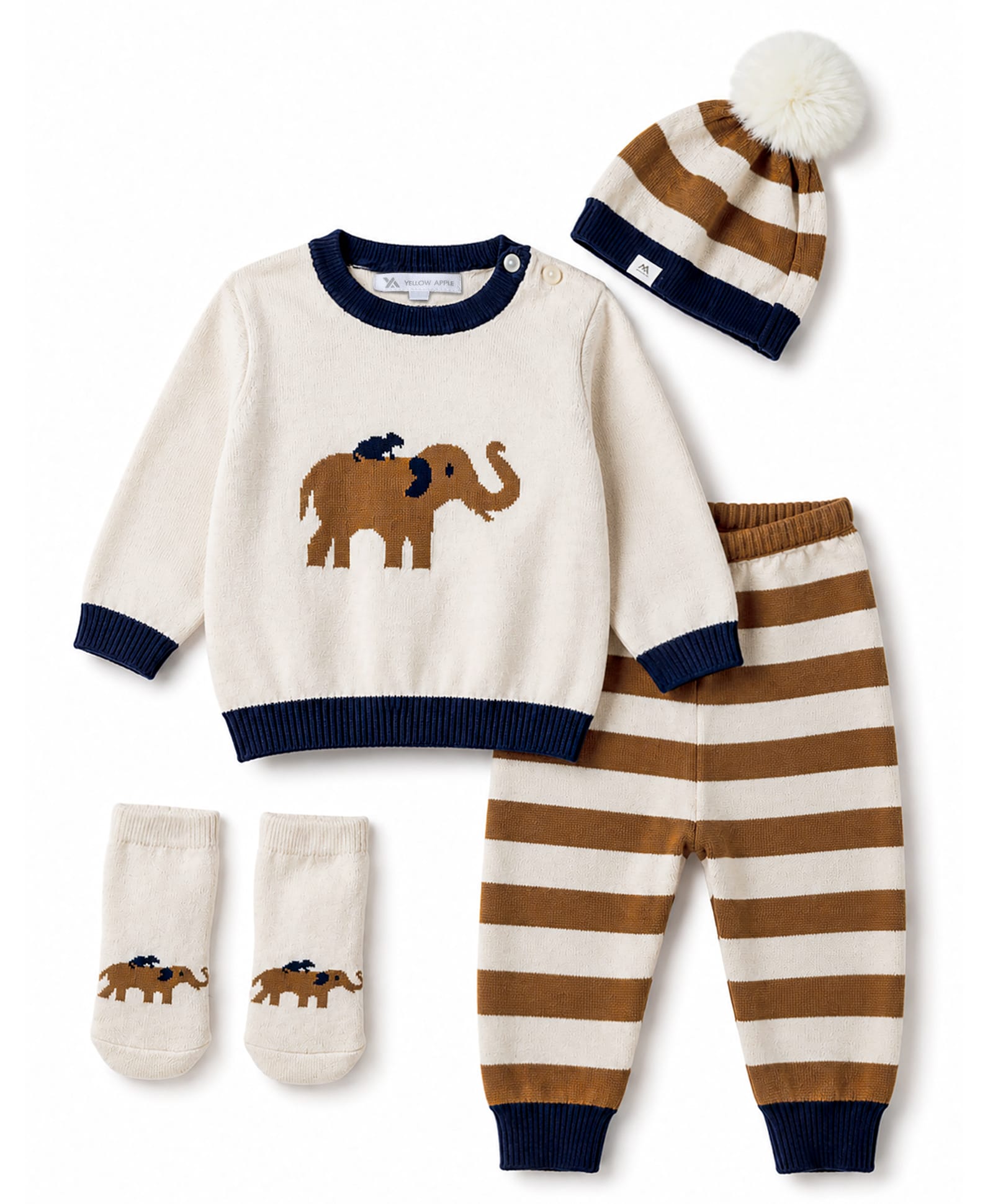 Yellow Apple Knit Full Sleeves Elephant Designed Sweater Set With Cap & Mittens- Off White-image-4
