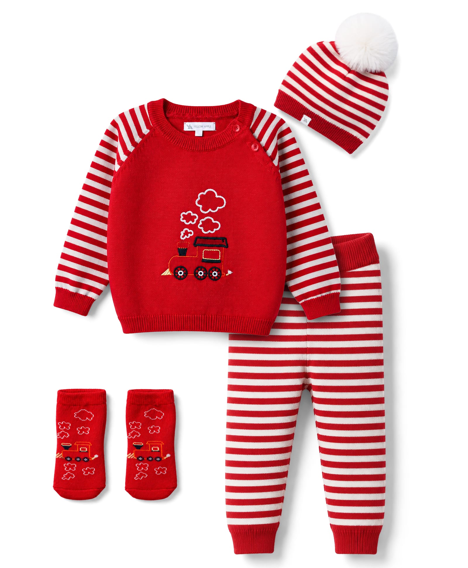 Yellow Apple Cotton Knit Full Raglan Sleeves Striped Engine Embroidered Sweater Set with Cap & Booties - Red-picture-44