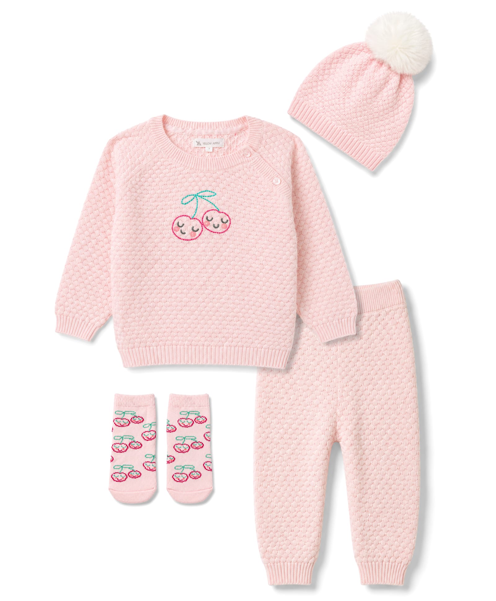 Yellow Apple Cotton Knit Full Raglan Sleeves Berry Embroidered Sweater Set with Cap & Booties - Baby Pink-picture-38