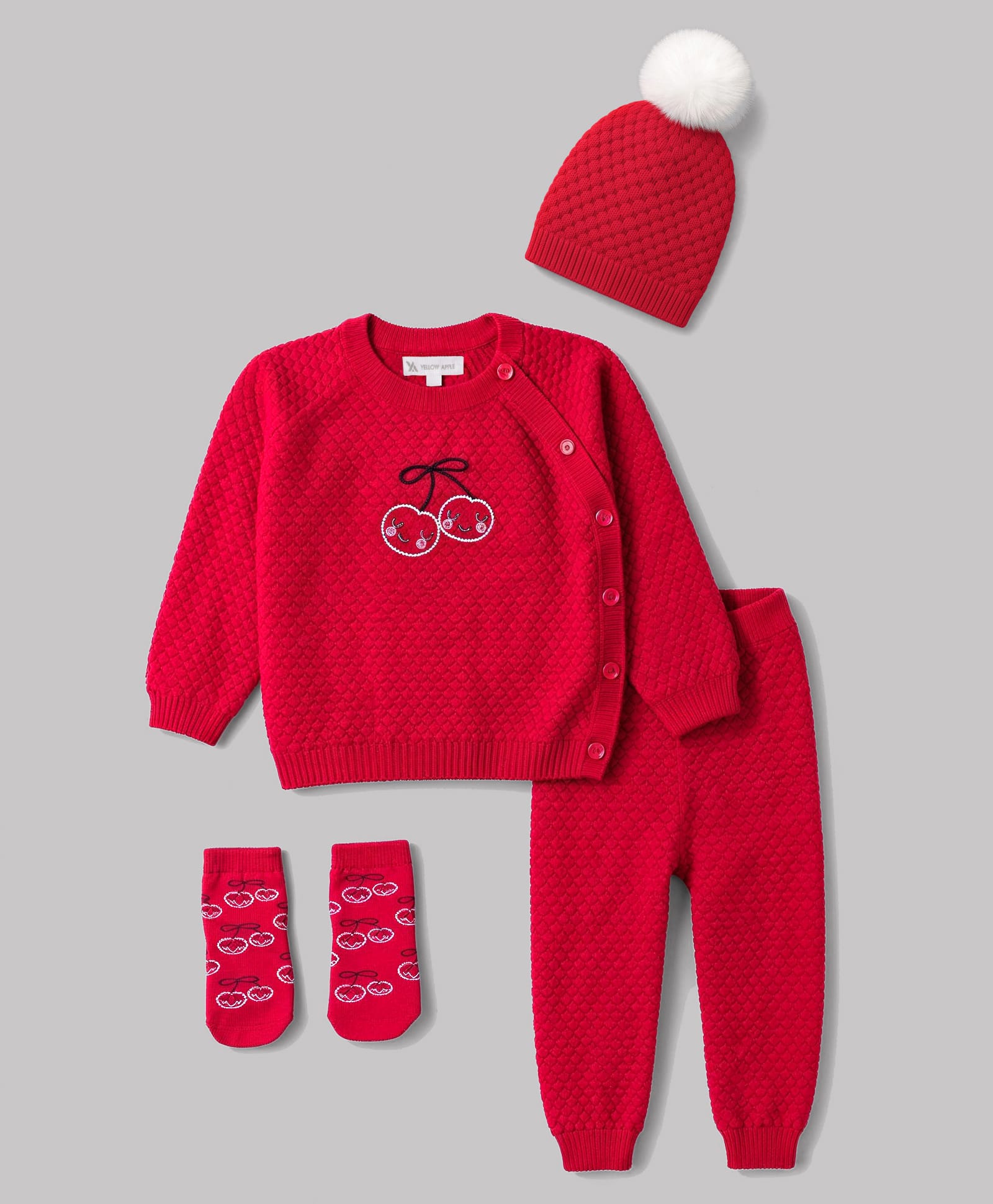 Yellow Apple Knit Full Raglan Sleeves Berry Embroidery Sweater Sets with Mittens & Cap - Red-image-30