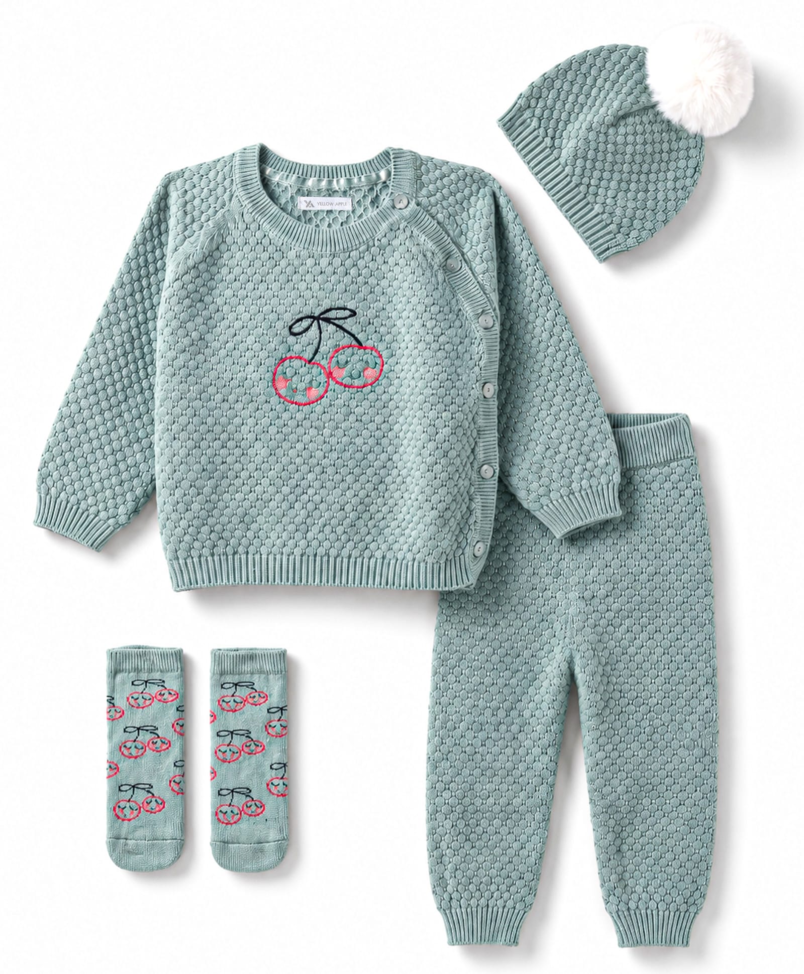 Yellow Apple Cotton Knit Full Raglan Sleeves Berry Embroidered Sweater Set with Cap & Booties -Mint-picture-43