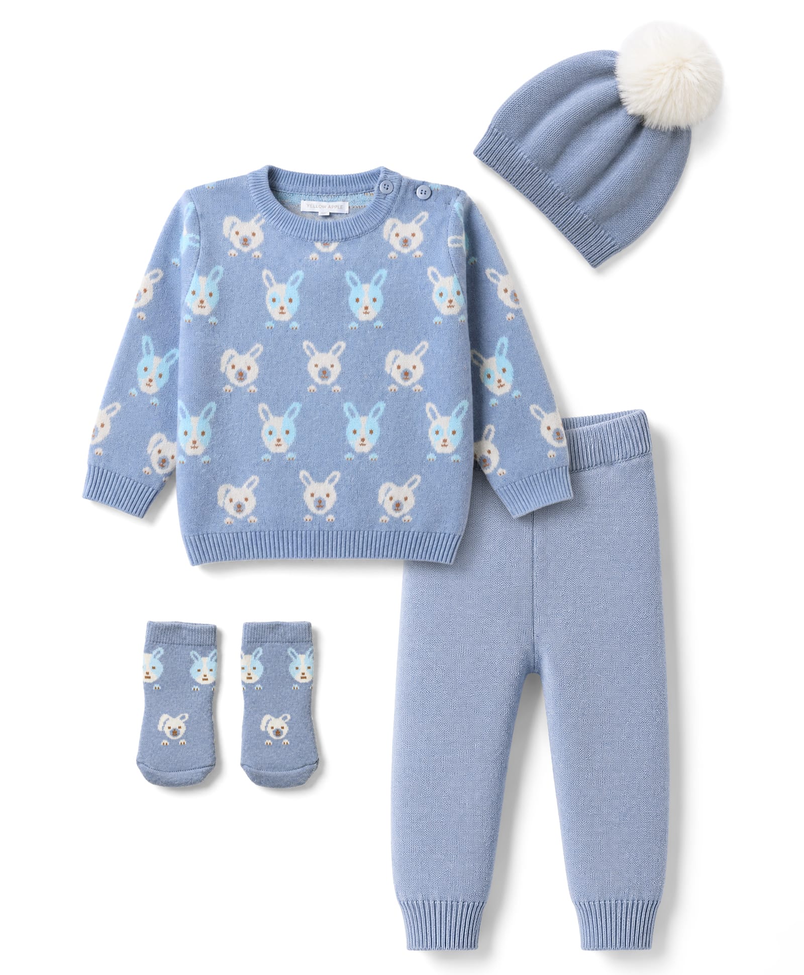 Yellow Apple Cotton Knit Full Sleeves Bunny Designed Sweater Set with Cap & Booties -Light Blue-picture-18