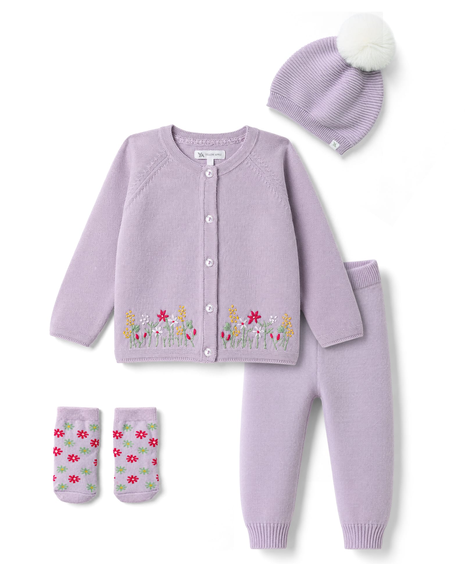 Yellow Apple Cotton Knit Full Raglan Sleeves Floral Embroidered Sweater Set with Cap & Booties - Lilac-image-21