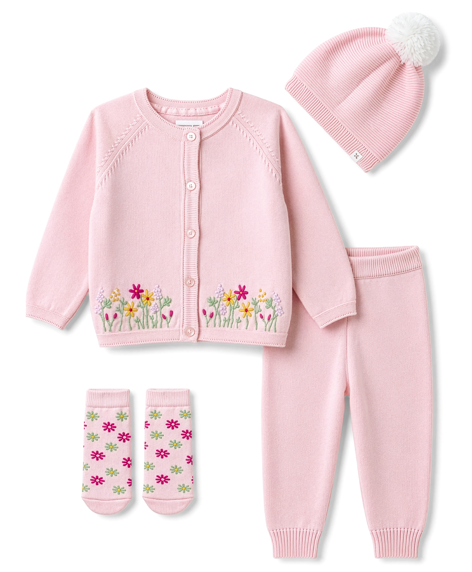 Yellow Apple Cotton Knit Full Raglan Sleeves Floral Embroidered Sweater Set with Cap & Booties - Baby Pink-image-35