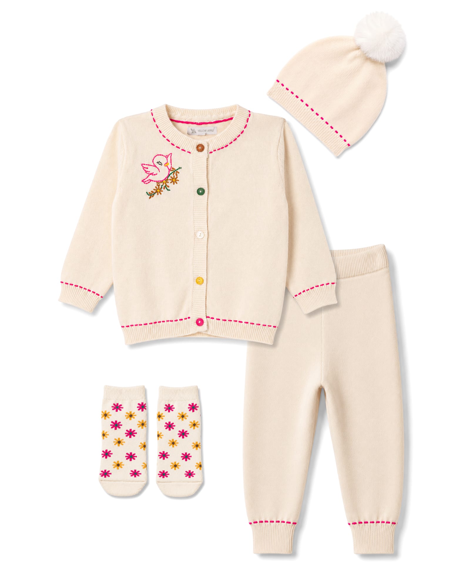 Yellow Apple Cotton Knit Full Sleeves Bird Embroidered Sweater Set with Cap & Booties - Ivory-image-15