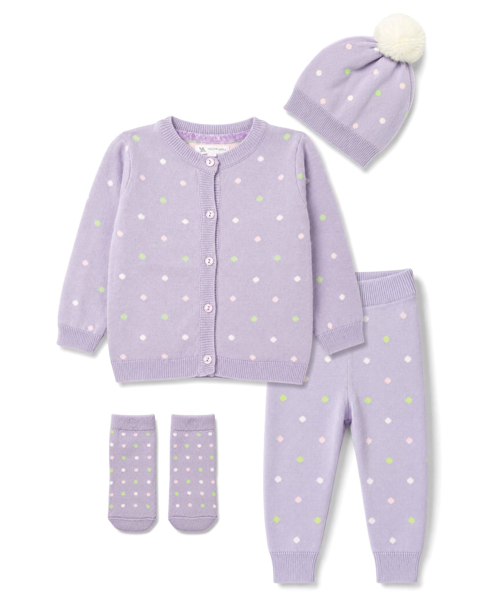 Yellow Apple Cotton Knit Full Sleeves Polka Dot Designed Sweater Set with Cap & Booties -Lilac-image-45