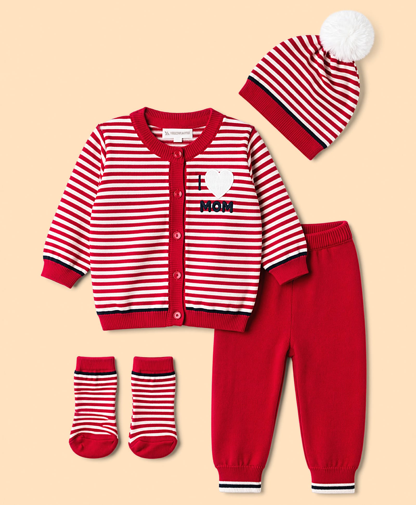 Yellow Apple Cotton Knit Full Sleeves Striped & Text Designed Sweater Set with Cap & Booties -Red-picture-21