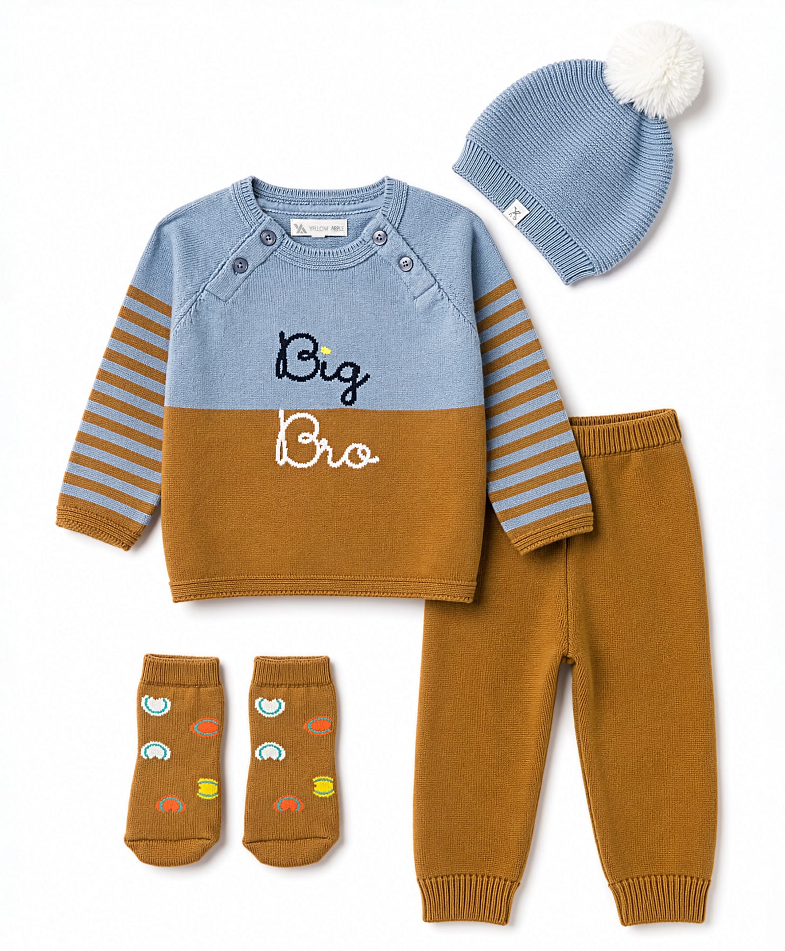 Yellow Apple Cotton Knit Full Raglan Sleeves Colour Block Text Designed Striped Sweater Set With Cap & Mittens- Brown-image-24