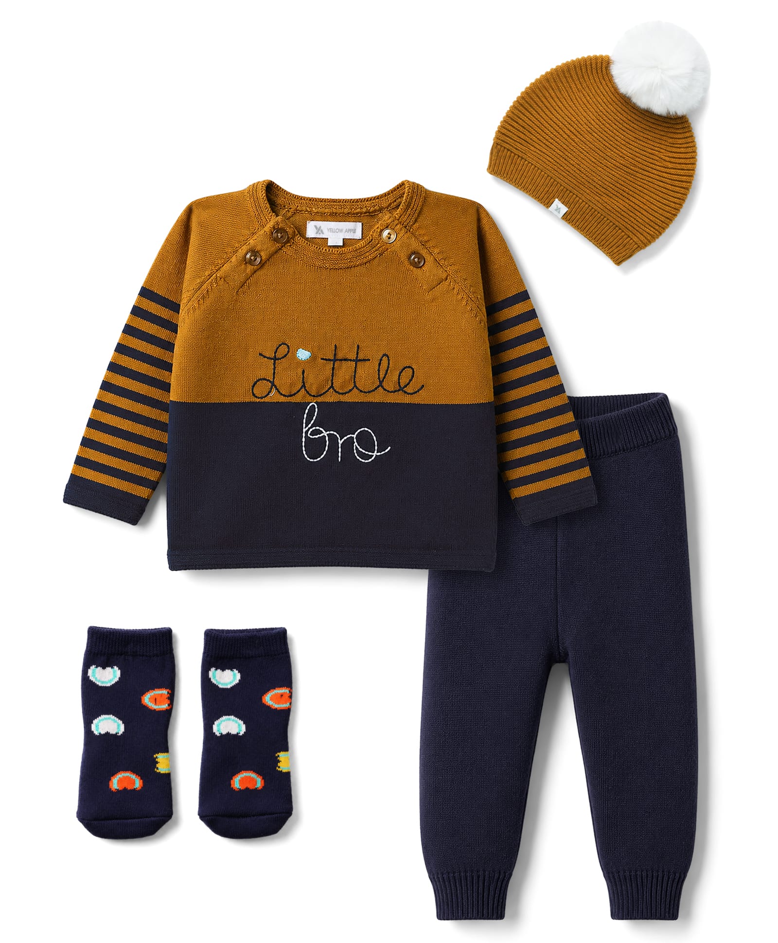 Yellow Apple Cotton Knit Full Raglan Sleeves Colour Block Text Designed Striped Sweater Set With Cap & Mittens- Navy-image-16