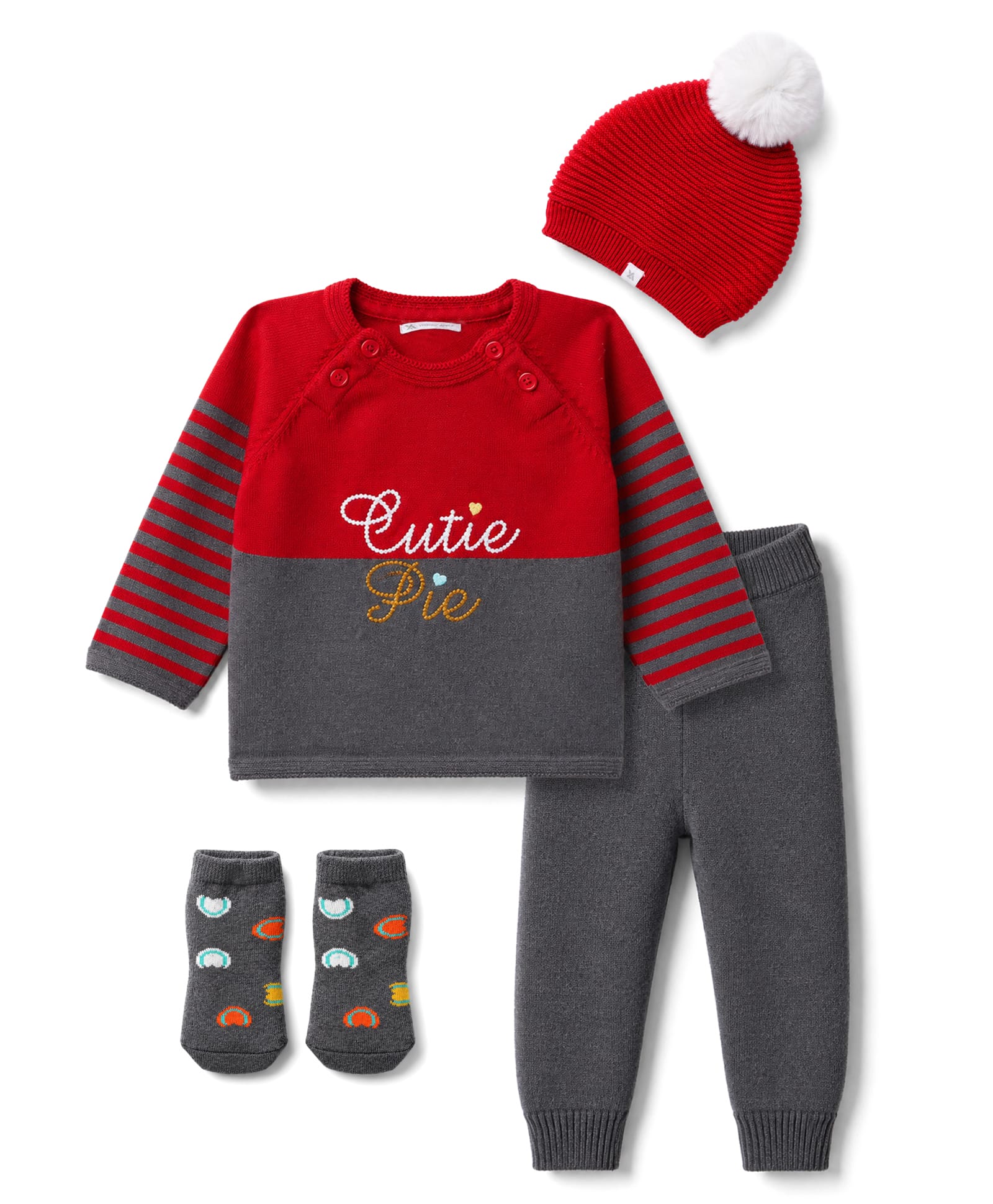 Yellow Apple Cotton Knit Full Raglan Sleeves Colour Block Text Designed Striped Sweater Set With Cap & Mittens- Charcoal Grey-picture-24