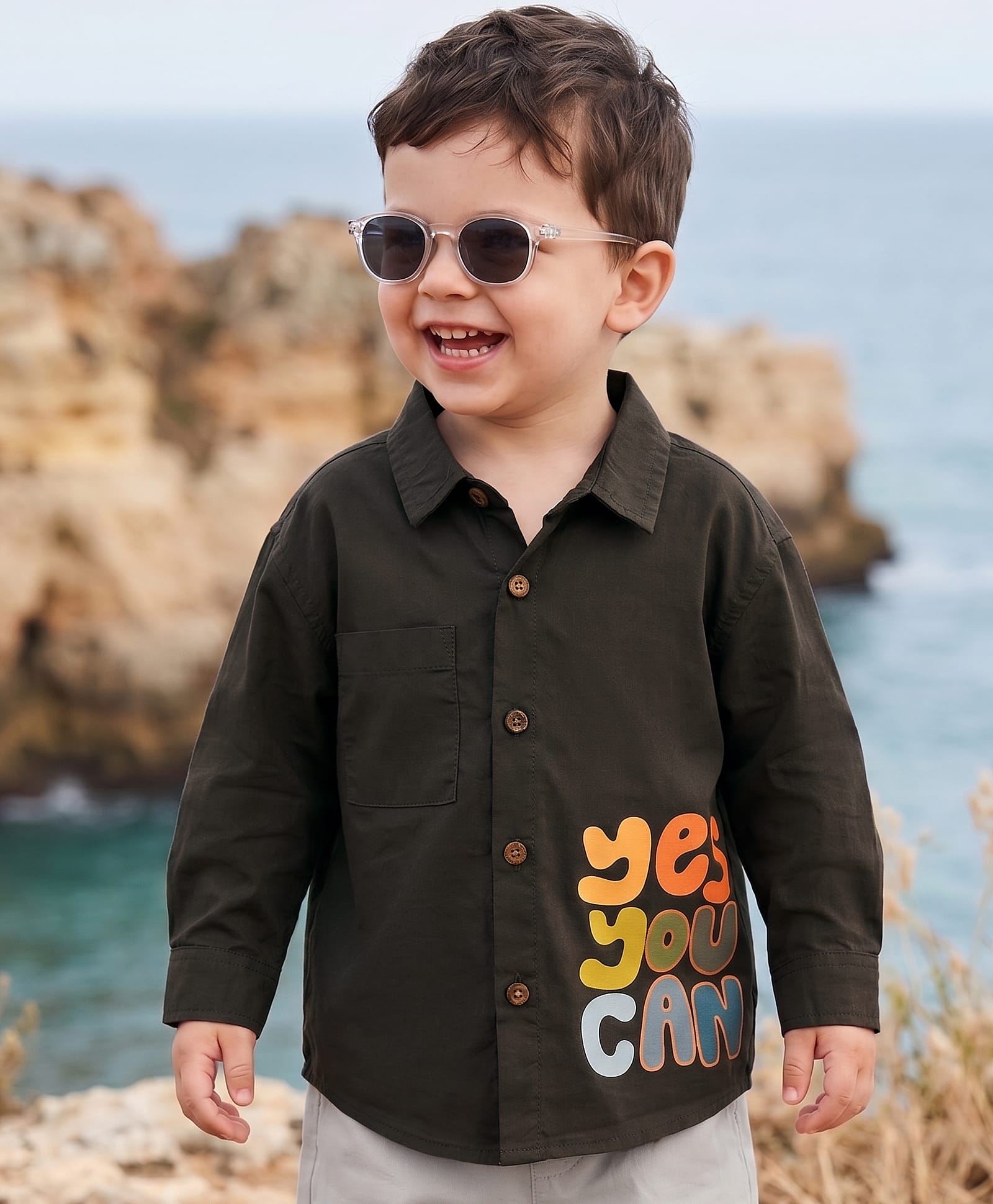 Babyoye Cotton Twill Woven Full Sleeves Shirt with Yes You Can Text Print - Olive Green-picture-14