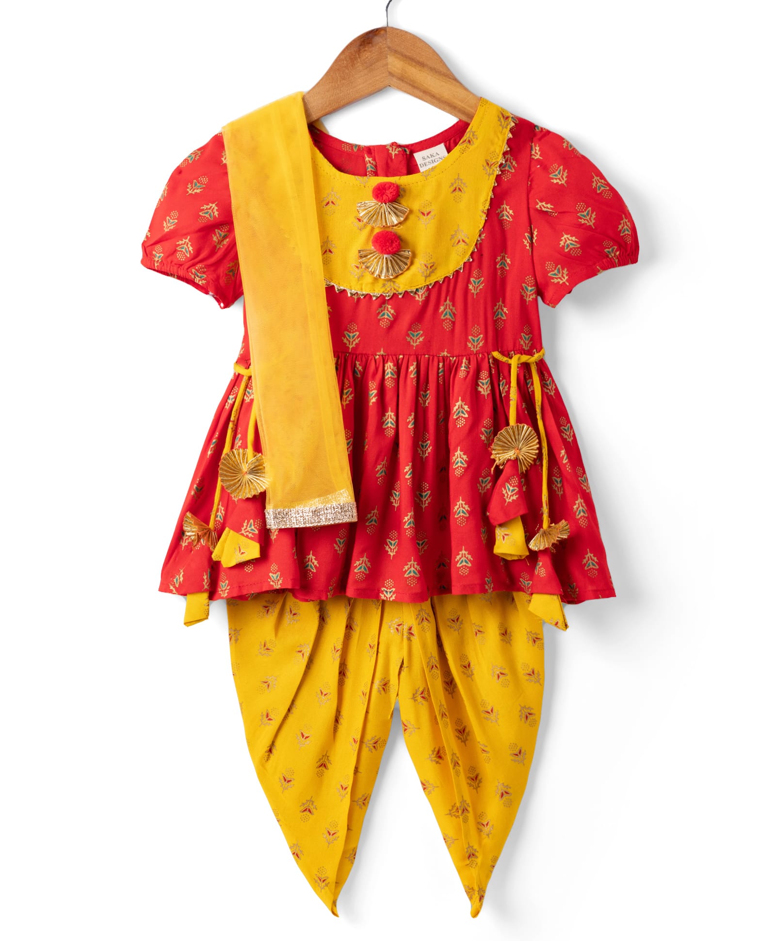 Saka Designs Cotton Woven Half Sleeves Floral Foil Printed Kurta & Dhoti Set With Dupatta - Mustard-image-31