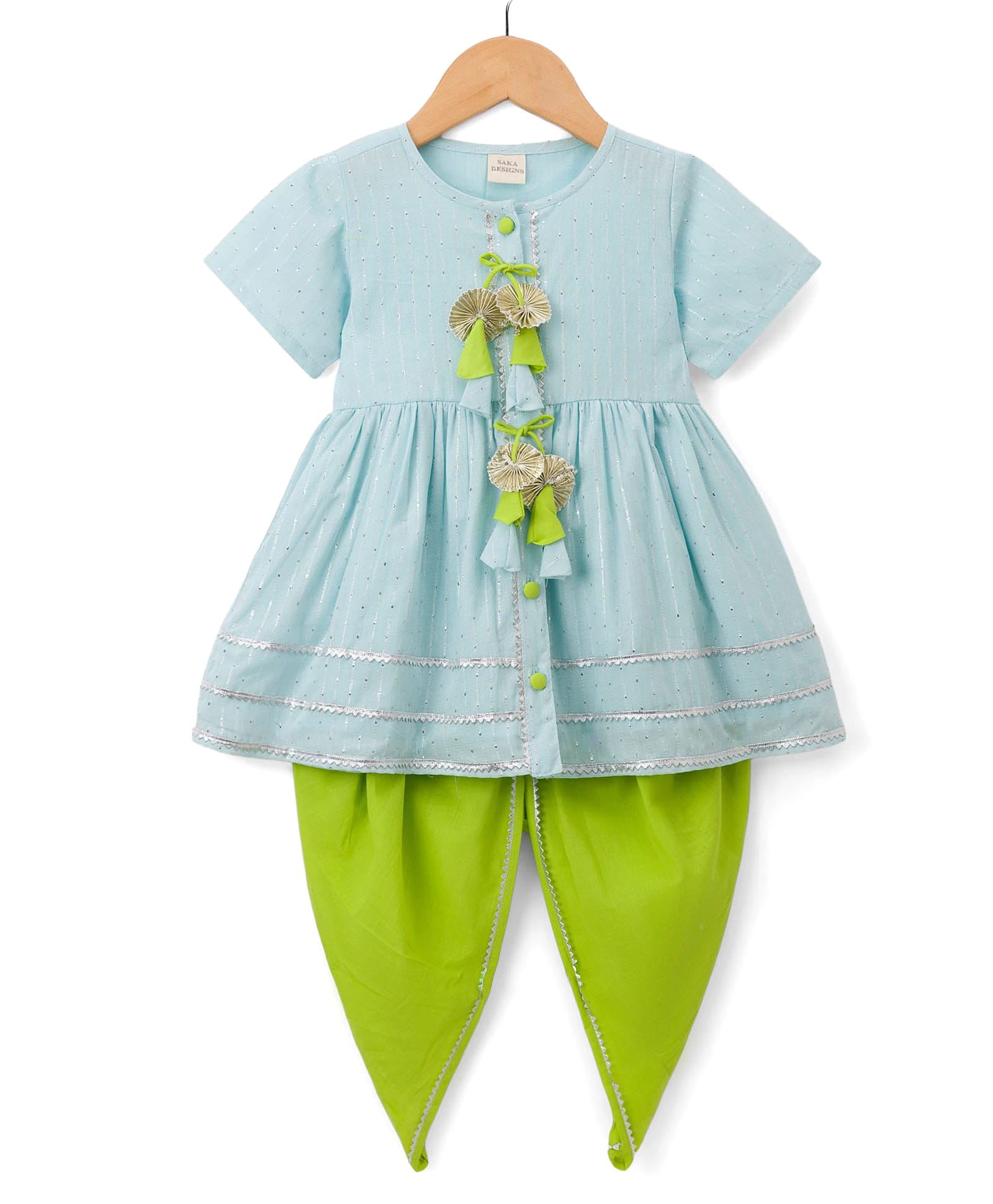 Saka Designs Cotton Woven Half Sleeves Printed Kurta & Dhoti Set - Light Blue & Green-image-45