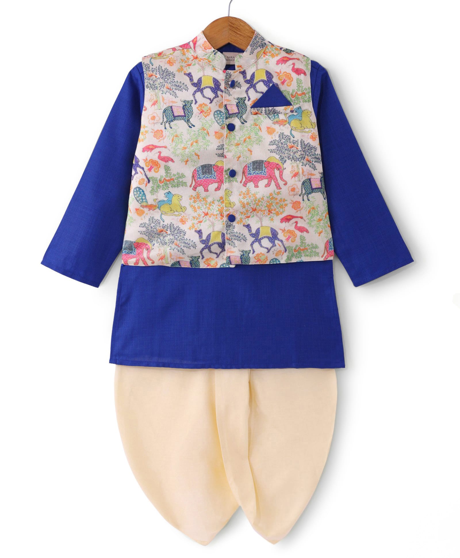 Saka Designs Cotton Woven Full Sleeves Camel Printed Jacket With Kurta & Dhoti Set - Blue-image-22