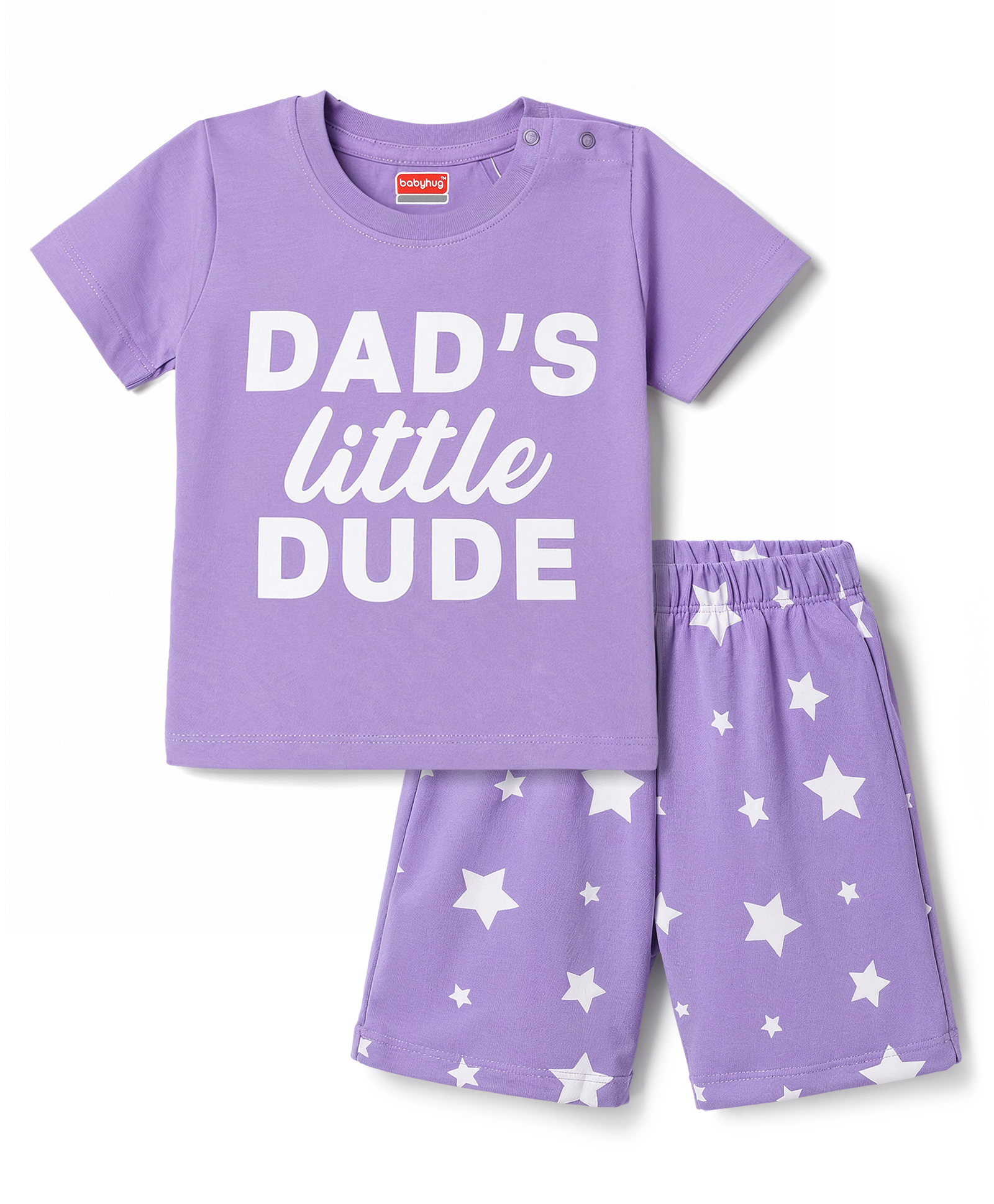 Babyhug Cotton Knit Half Sleeves T-Shirt & Shorts Night Suit With Star & Text Print - Lavender-image-14