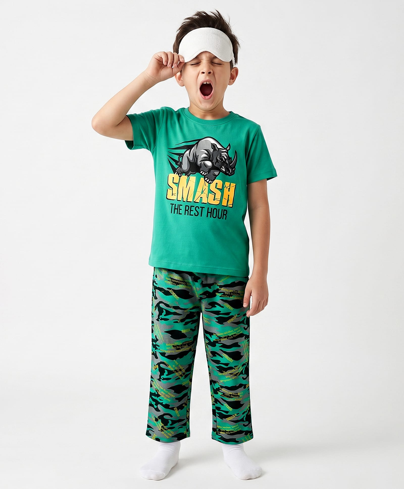 Pine Kids 100% Cotton Knit Half Sleeves Rhino Text & Camouflage Printed T-Shirt & Pyjama Night Suit - Green-image-35