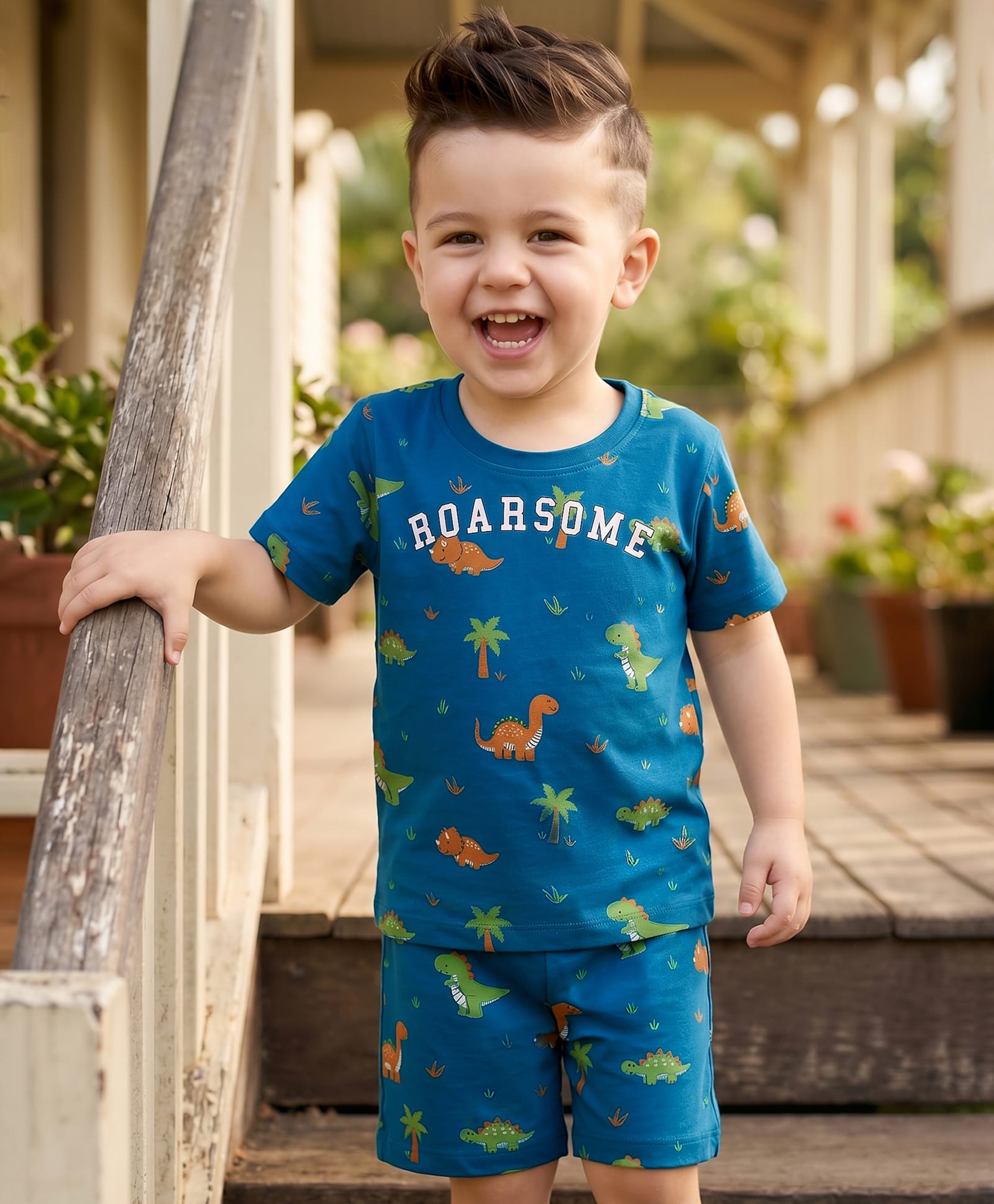 Babyhug Cotton Knit Half Sleeves Co-Ords Dino Printed T-Shirt & Shorts Night Suit - Teal Blue-image-41
