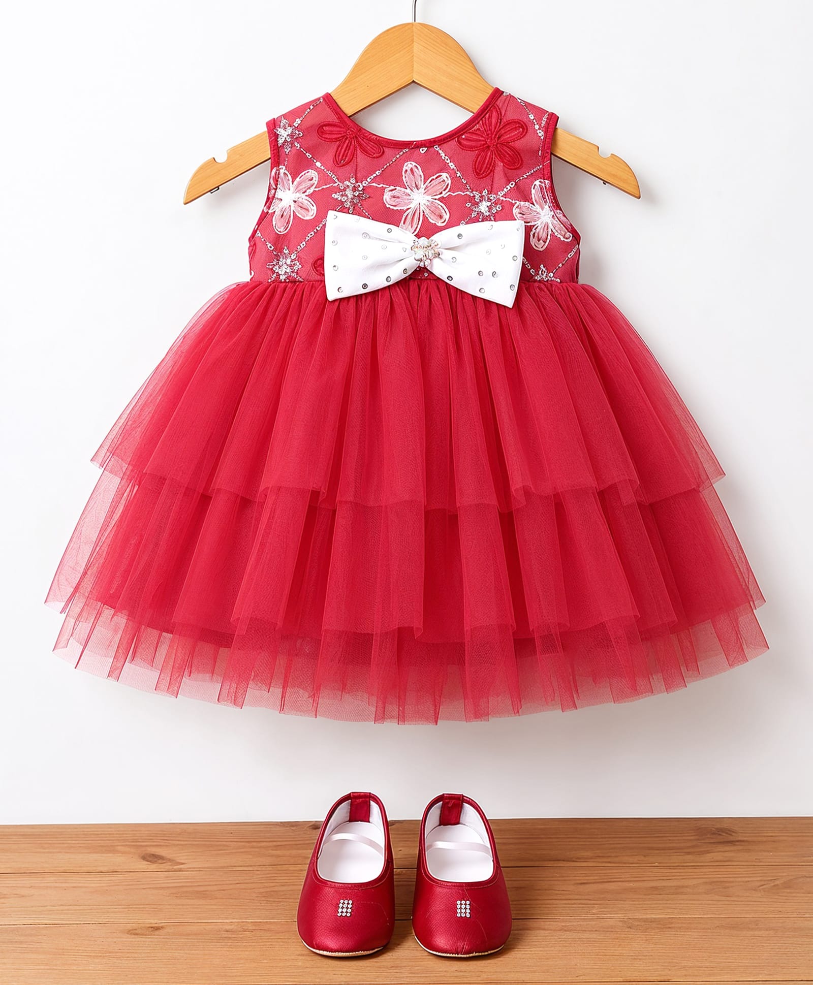Bluebell Net Woven Sleeves Party Sequin Detailing Dress With Bow Applique & Booties - Fuchsia-image-12