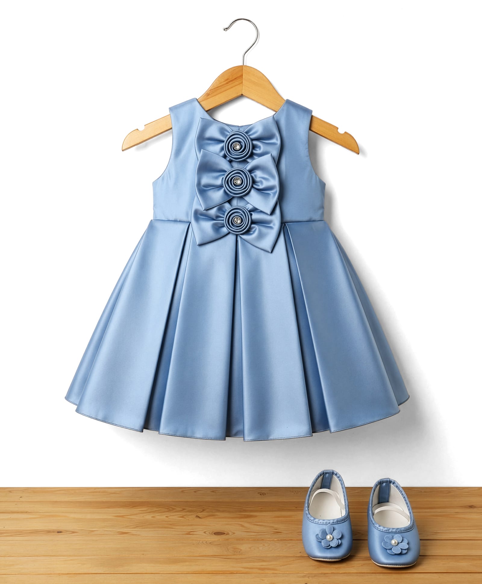 Bluebell Satin Woven Sleeveless Pleated Party Dress With Bow & Floral Applique & Booties - Light Blue-image-4