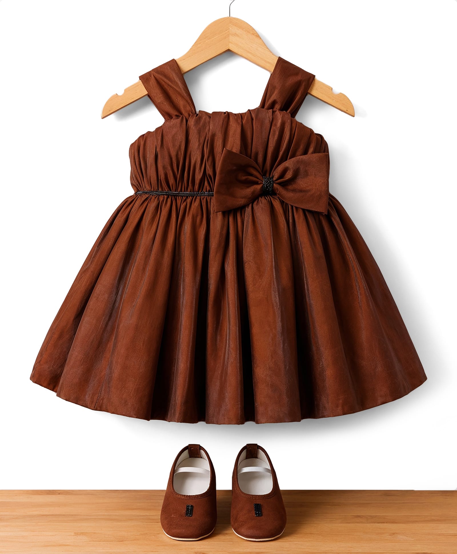 Bluebell Tissue Woven Sleeveless Party Dress With Bow Applique & Booties - Brown-image-29