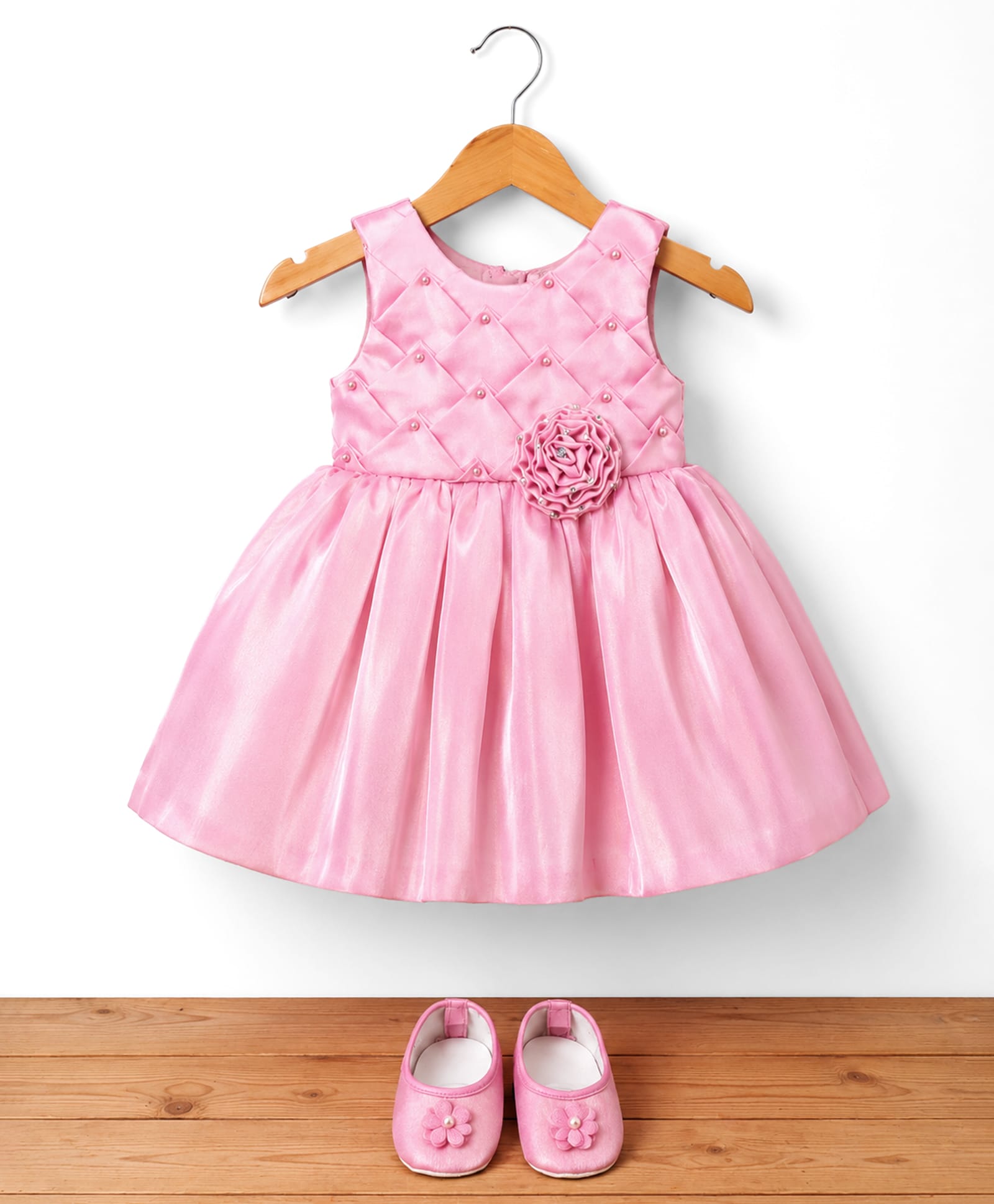 Bluebell T-issue Woven Sleeveless Party Dress With Floral Applique & Booties - Pink-image-45