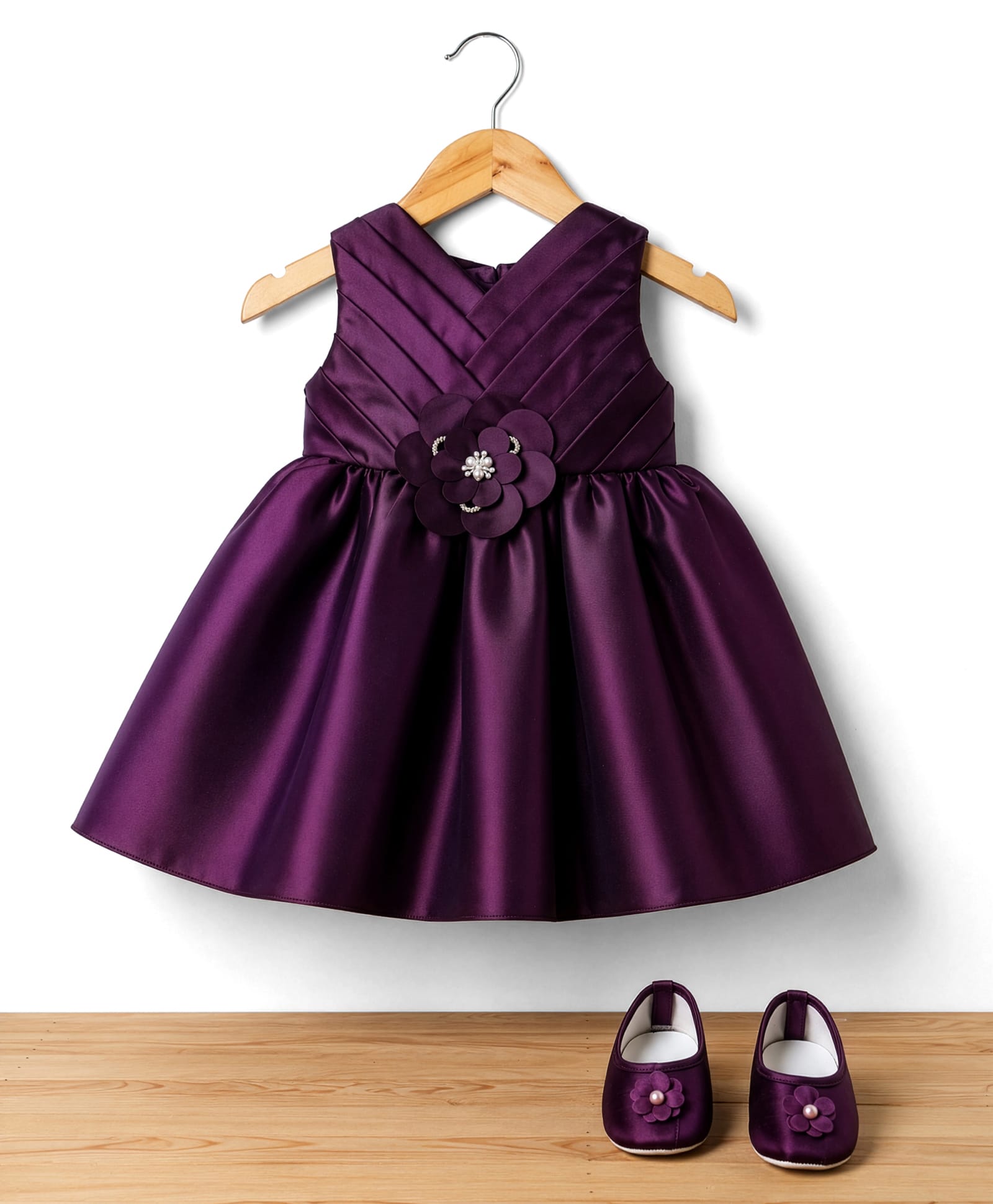 Bluebell Satin Woven Sleeveless Pleated Party Dress With Floral Applique & Booties - Wine-image-31