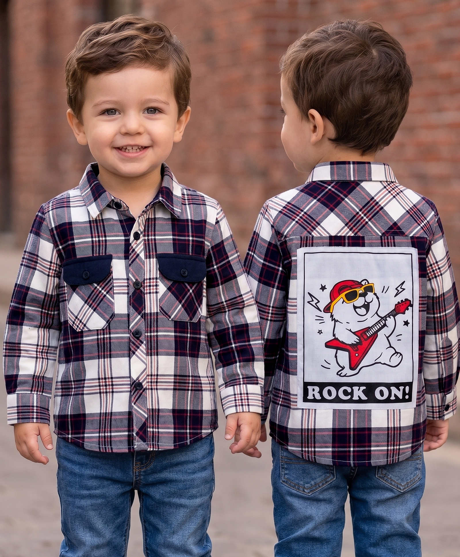 Babyoye Cotton Woven Full Sleeves Yarn Dyed Checks Shirt with Rock On Print on Back - White & Black-image-46