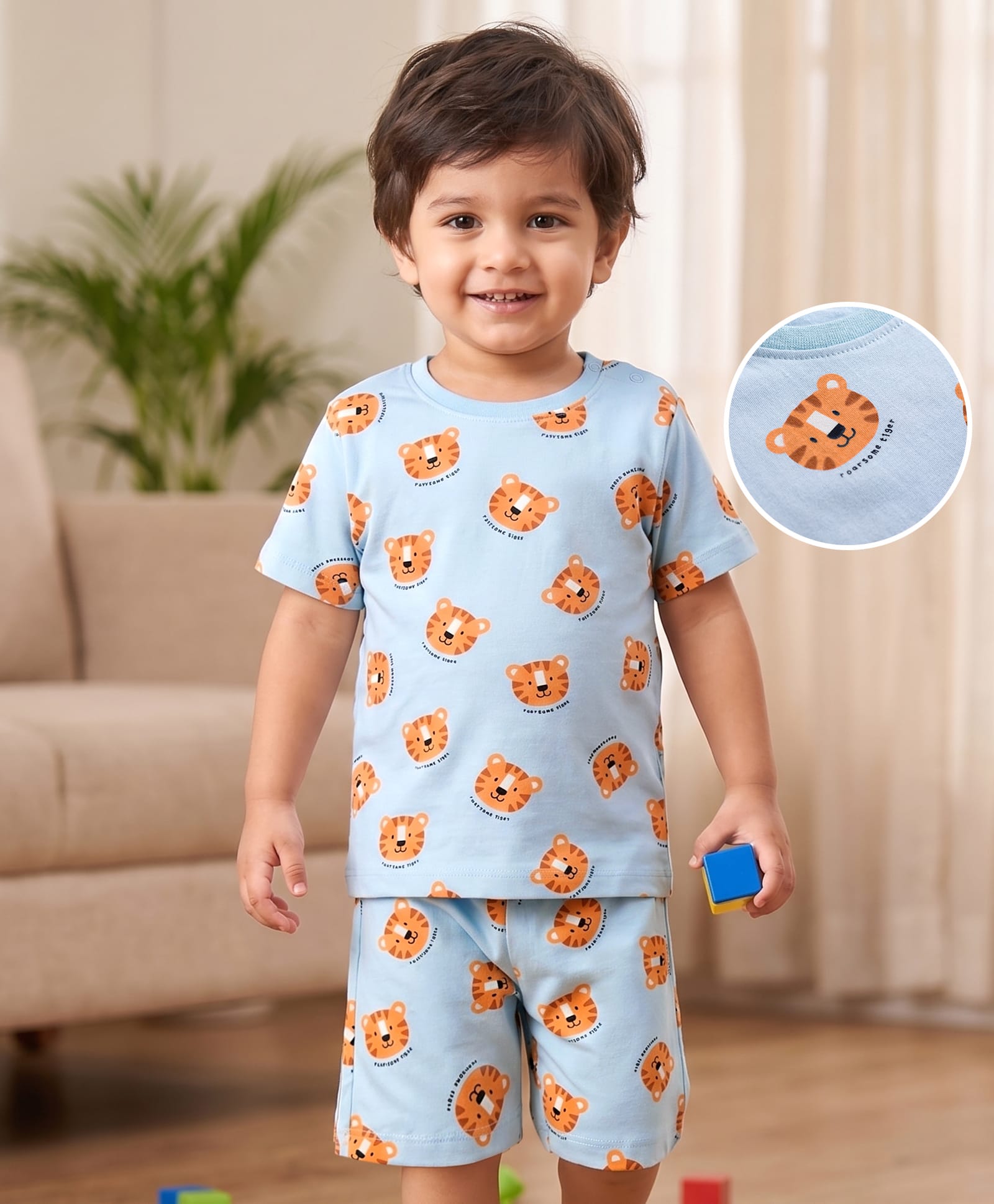 Babyhug Cotton Knit Half Sleeves Co-Ords T-Shirt & Shorts Night Suit with Cub Face Print -Light Blue-image-44