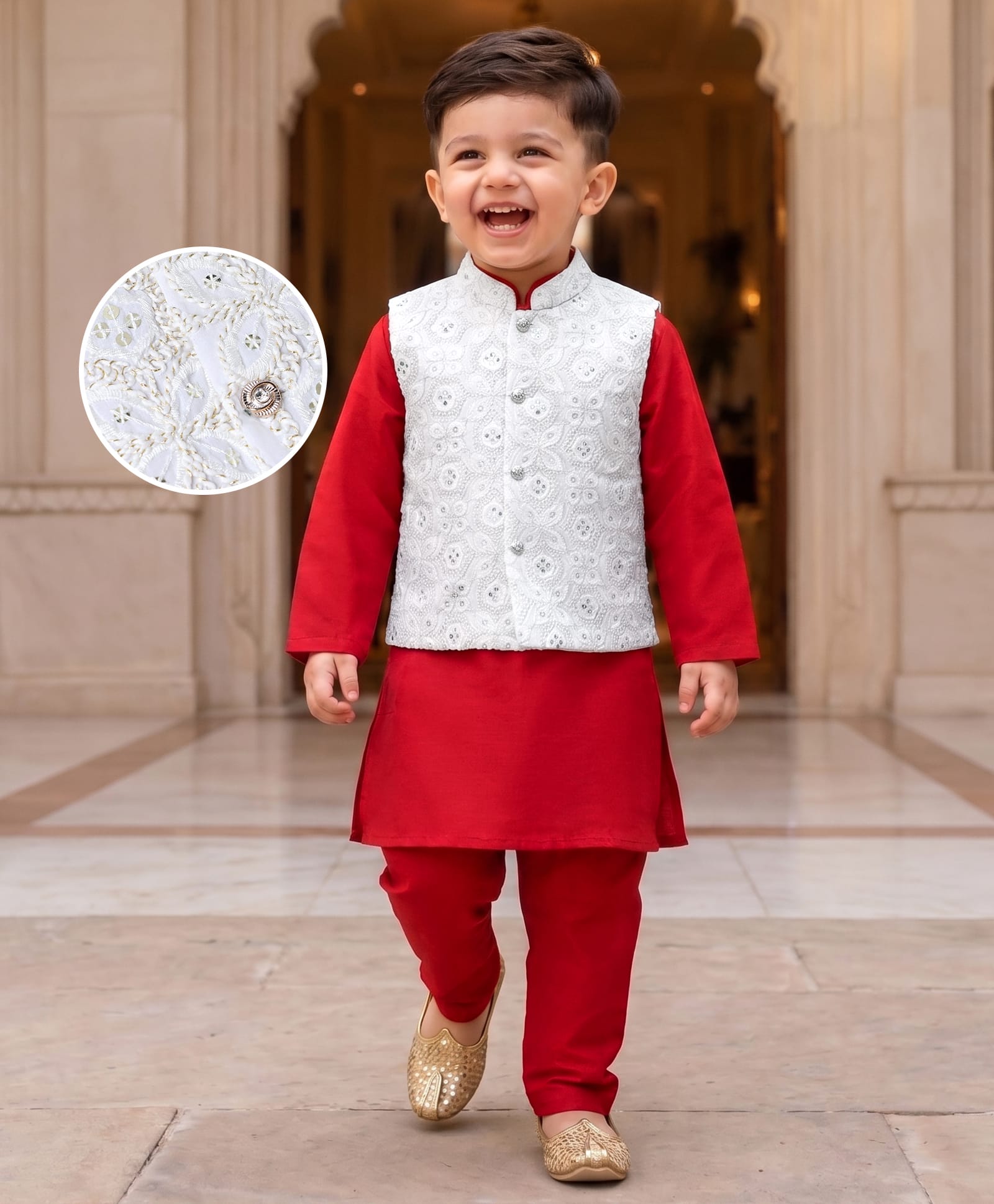 Babyhug Woven Full Sleeves Solid Colour Kurta Pyjama Set with Embroidered Nehru Jacket- Red & White-picture-35