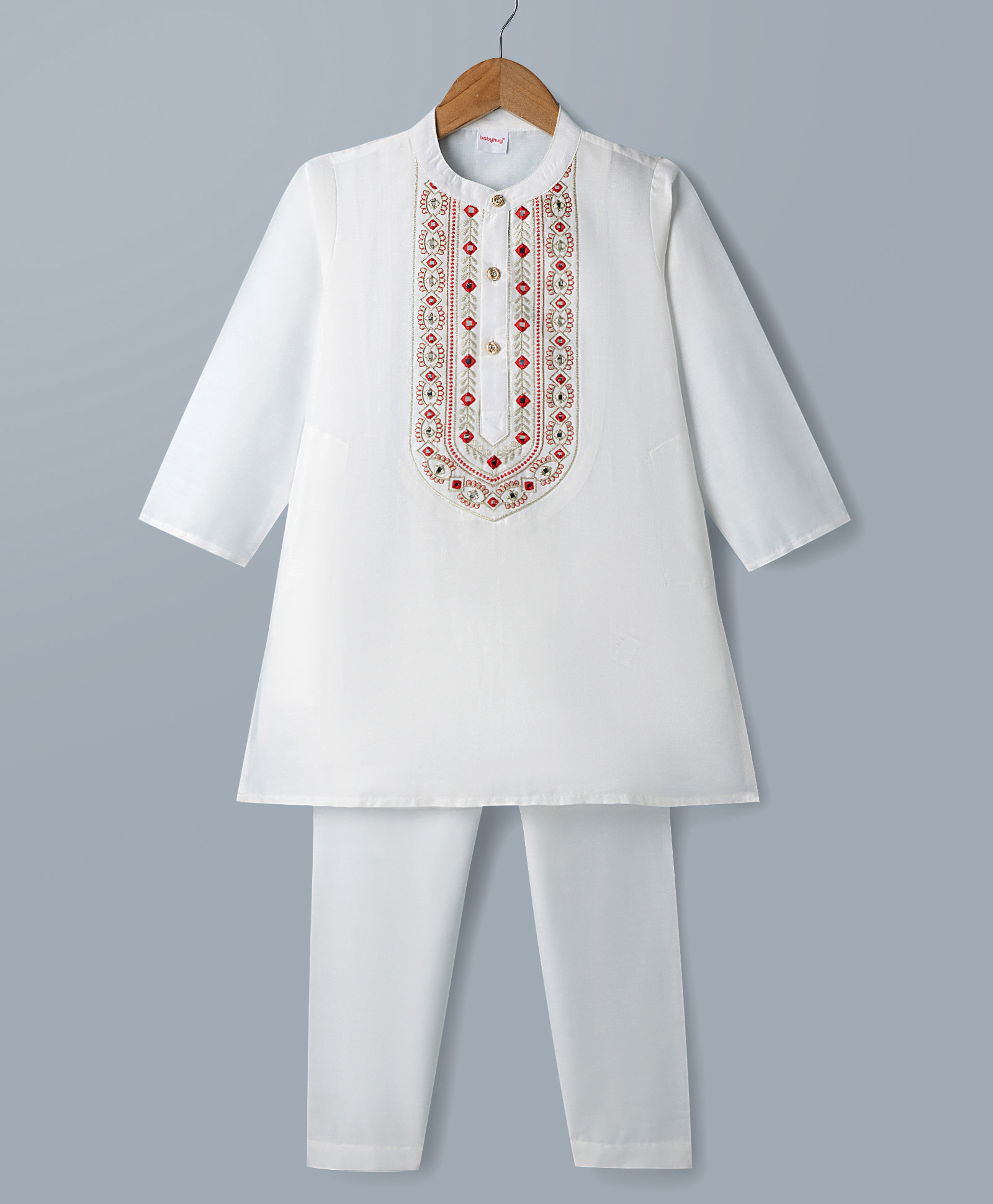 Babyhug Woven Full Sleeves Kurta Pajama Set with Embroidered Neck - Off White-image-25