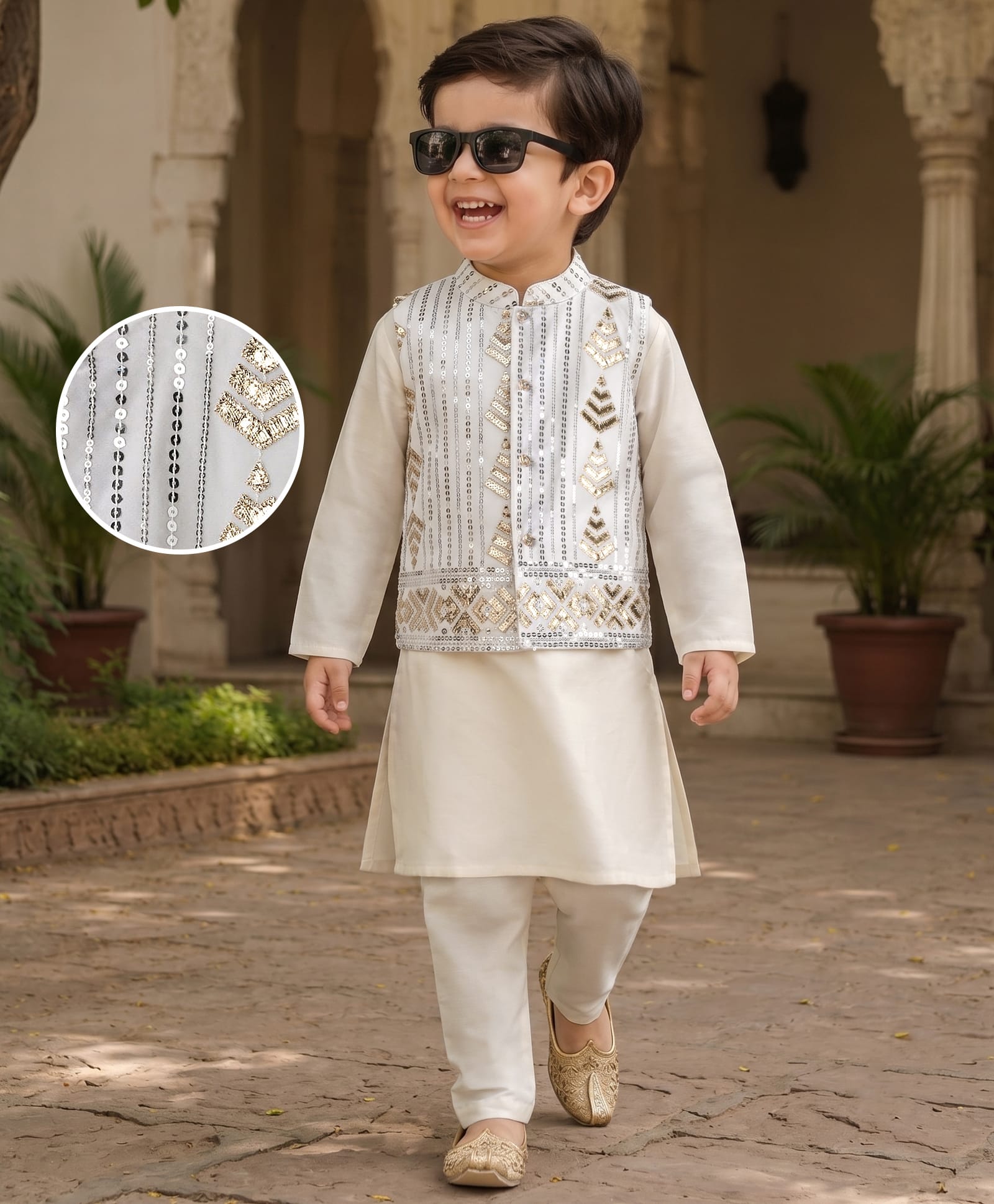 Babyhug Woven Full Sleeves Solid Kurta Pyjama Set With Embroidered & Sequinned Jacket - Beige-picture-23