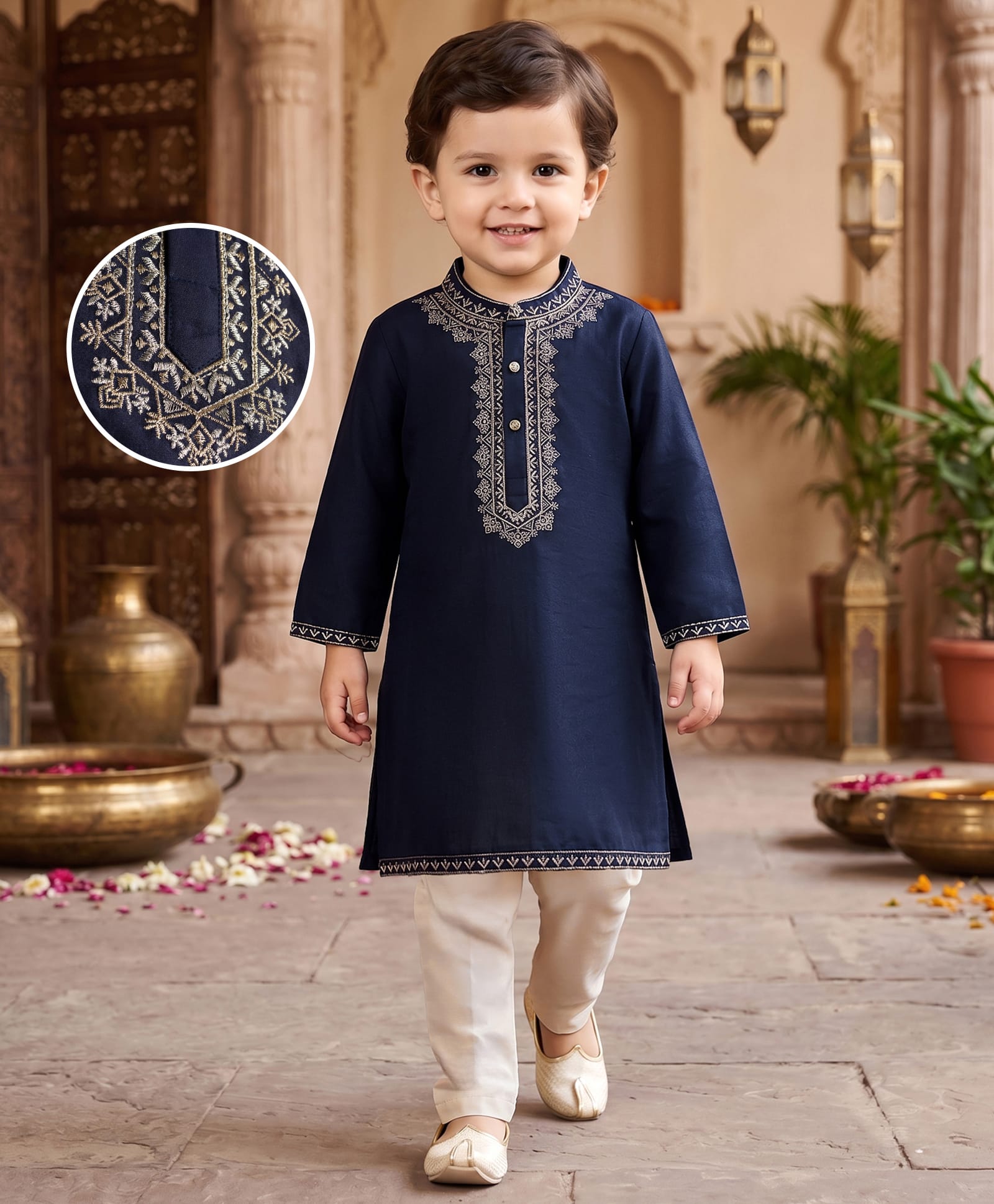 Babyhug Woven Full Sleeves Kurta Pyjama Set With Embroidered Neck - Navy-image-26