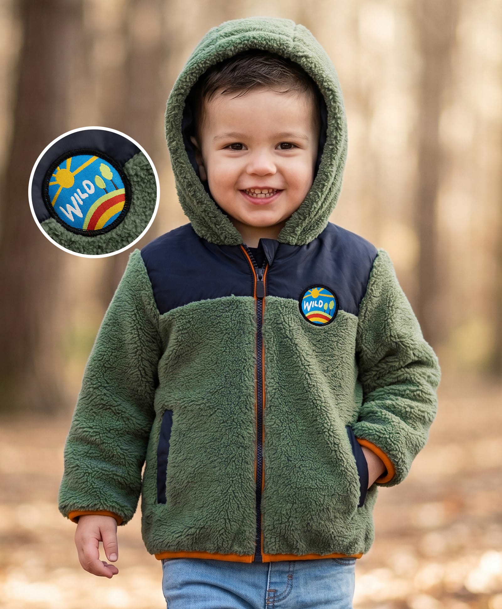 Babyhug Fur Woven Full Sleeves Solid Hoodies With Patch - Green & Navy Blue-image-39