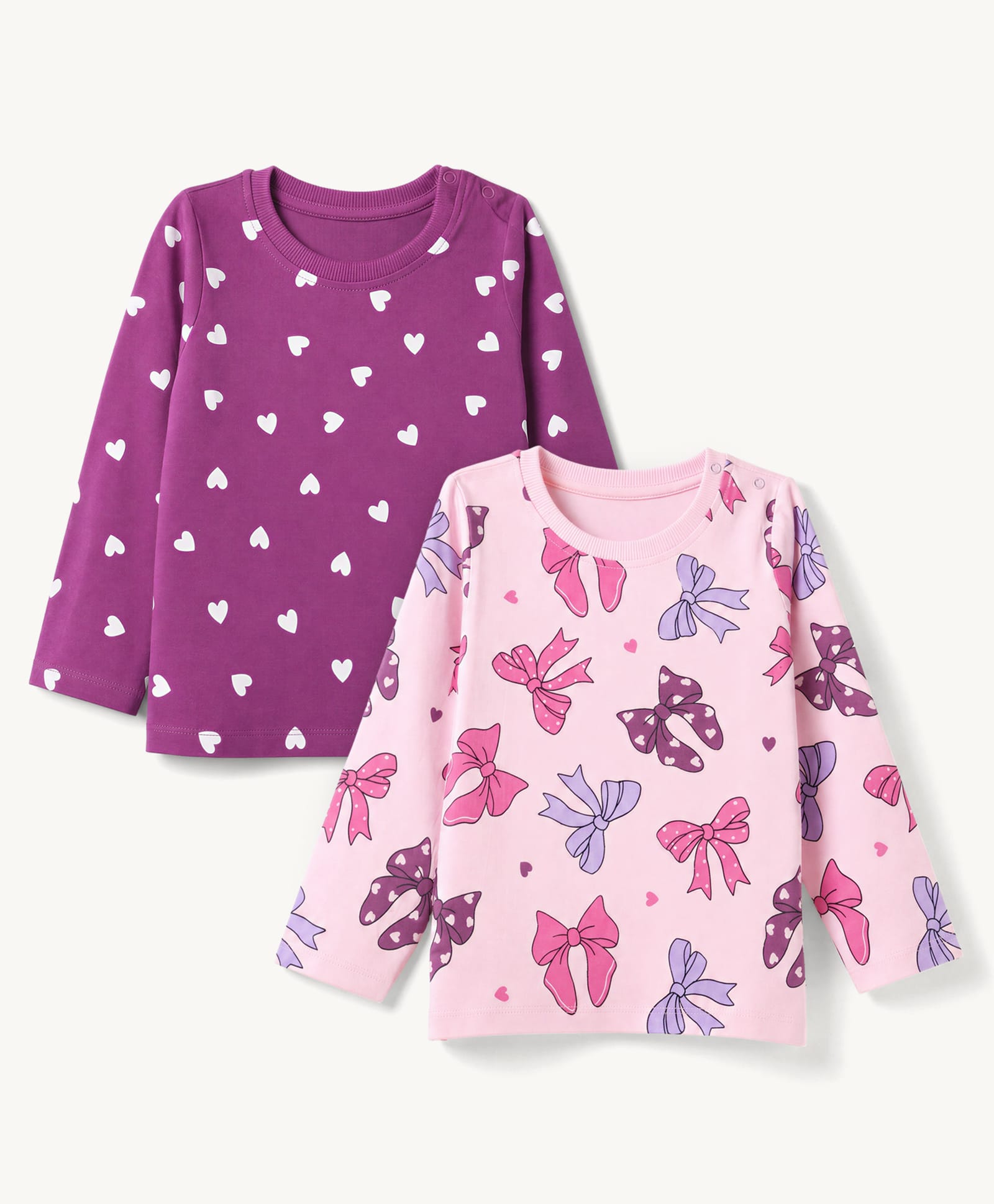 Honeyhap Premium 100% Cotton Knit T-Shirt with Full Sleeves and Hearts and Bows Print Pack of 2 - Violet & Pink-image-4