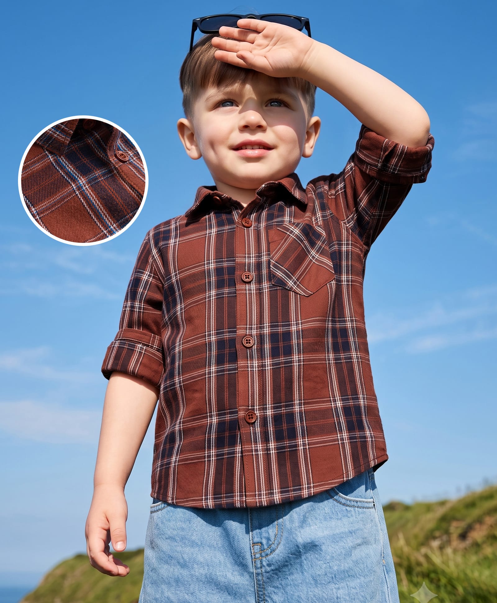 Babyoye Cotton Woven Shirt with Full Sleeves and Buffalo Checks Print in Brown for 9-12 Months-image-24