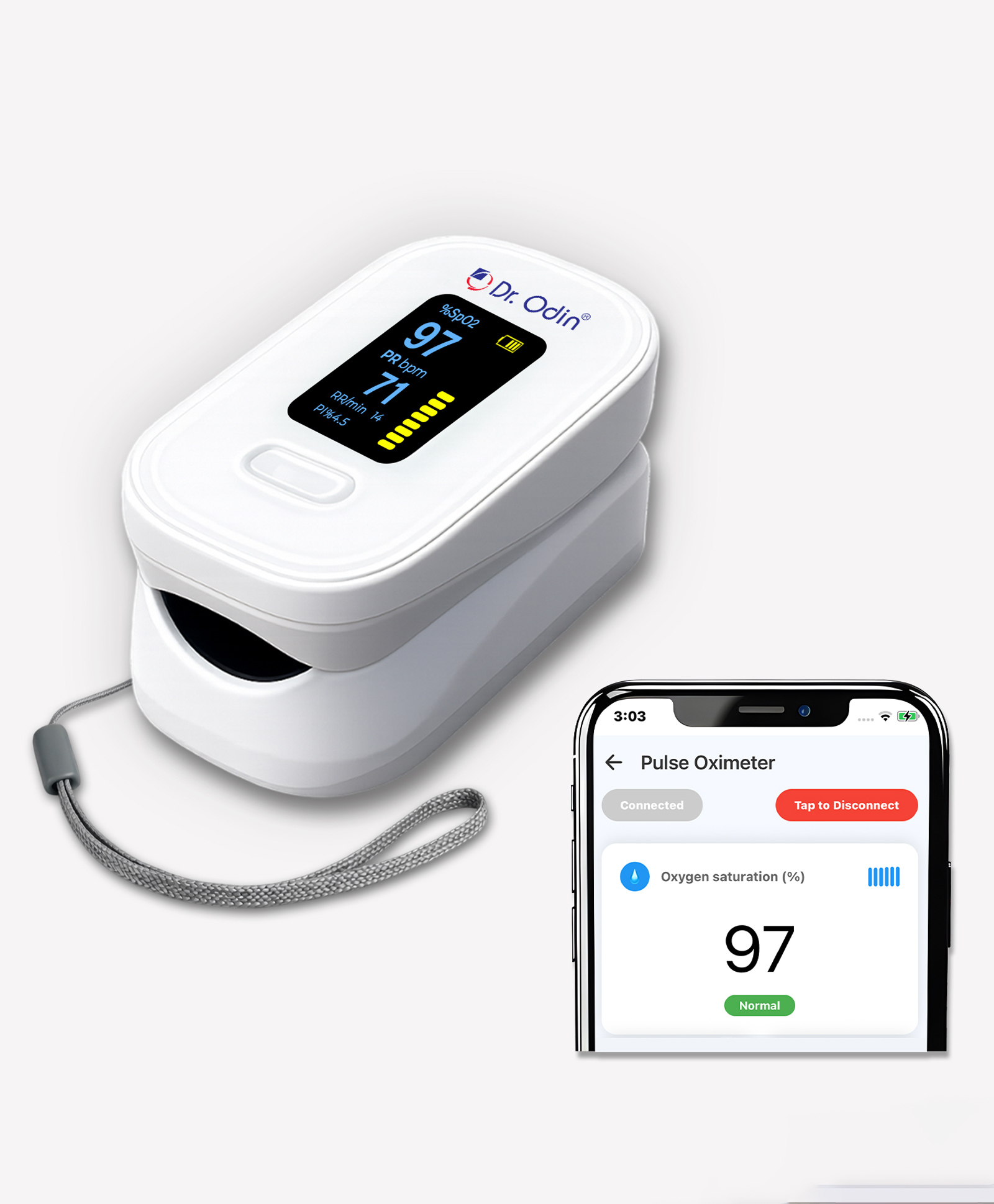 Dr. Odin OPO103BT Fingertip Pulse Oximeter, SpO2 and Pulse Rate Monitor, Smart App Data Sync, OLED Rotatable Display, One-Button Operation (White)-image-24