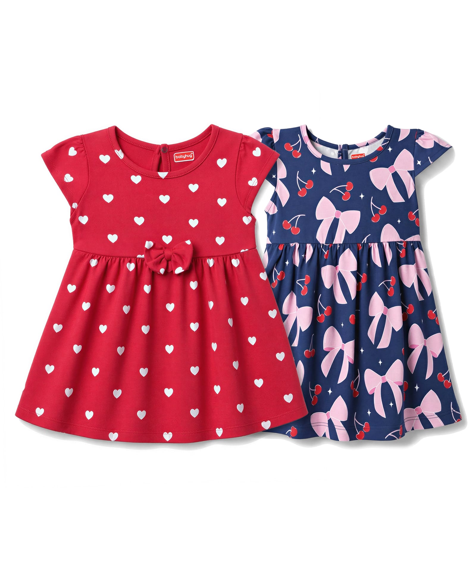 Babyhug Single Jersey Knit Half Sleeves Hearts & Cherry Printed Frocks With Bow Applique Pack Of 2 - Red & Navy Blue-image-20