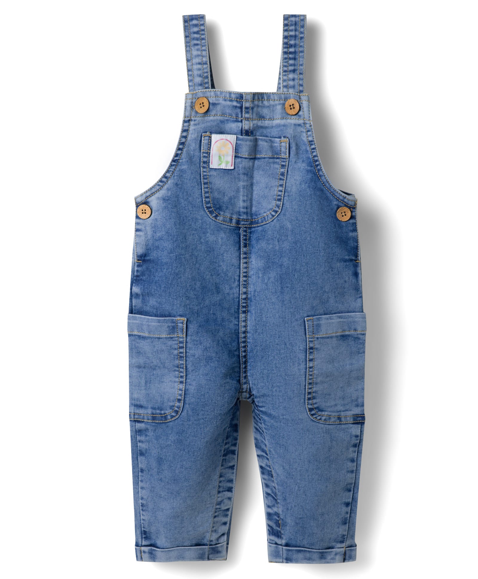 Bonfino Cotton Poly Elastane Woven Denim Sleeveless Dungarees With Patch Pockets and Label Details - Mid Blue-image-42