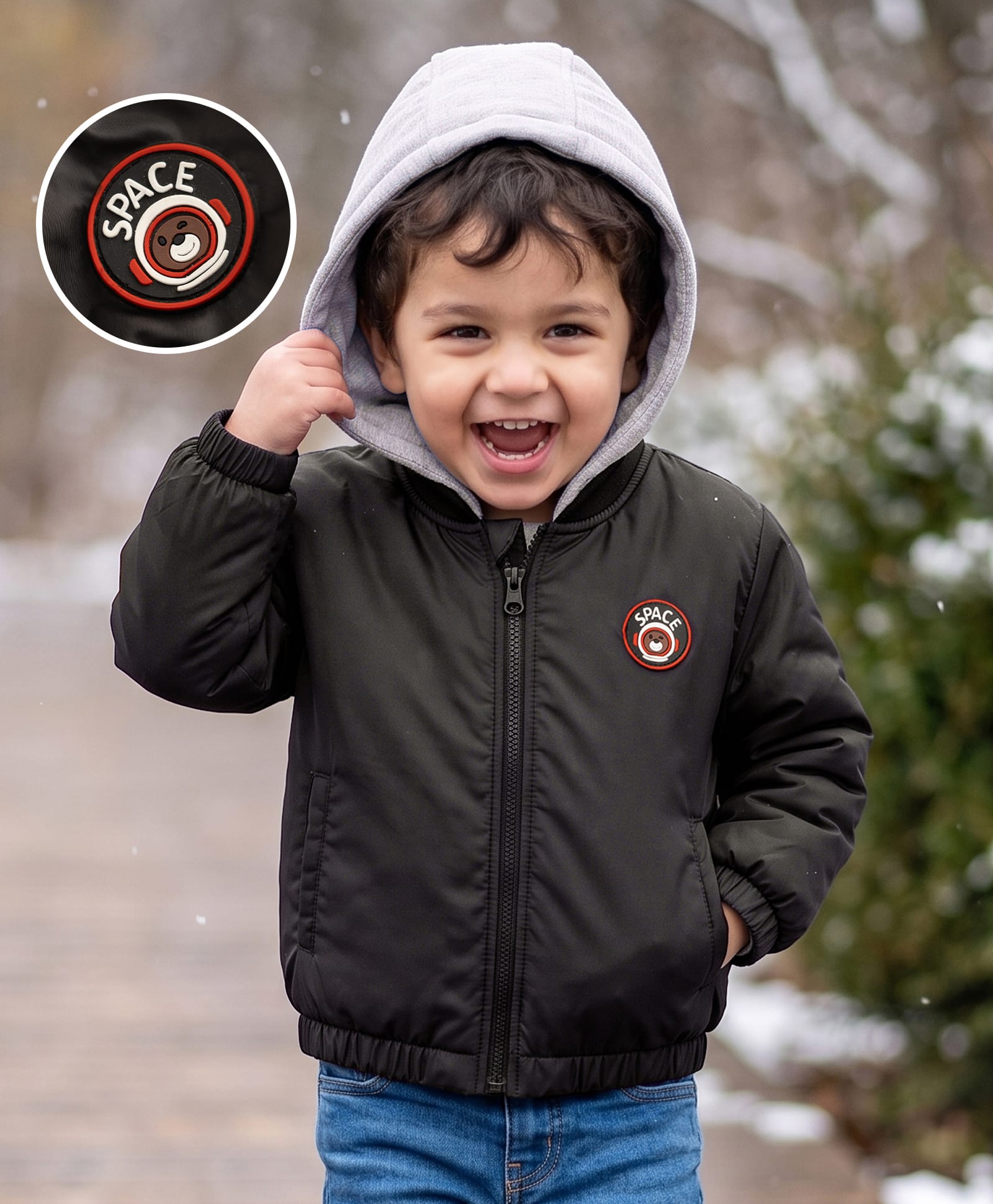 Babyhug Woven Hooded Jacket With Space Theme Applique - Black-picture-28