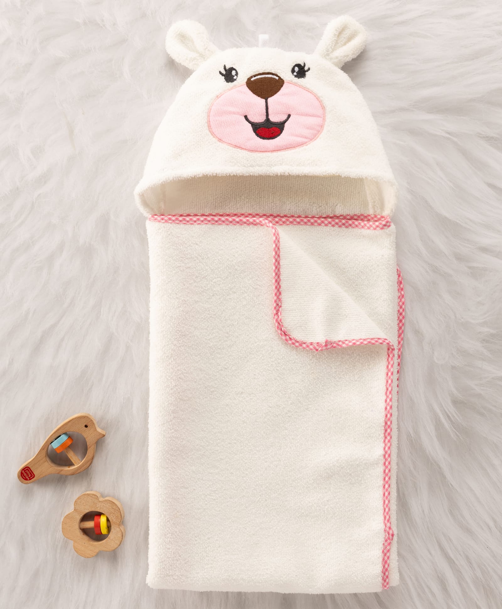 Babyhug Cotton Knit Microfiber Hooded Towel With Teddy Bear Embroidery L 75 x B 74.5 cm - White-image-47