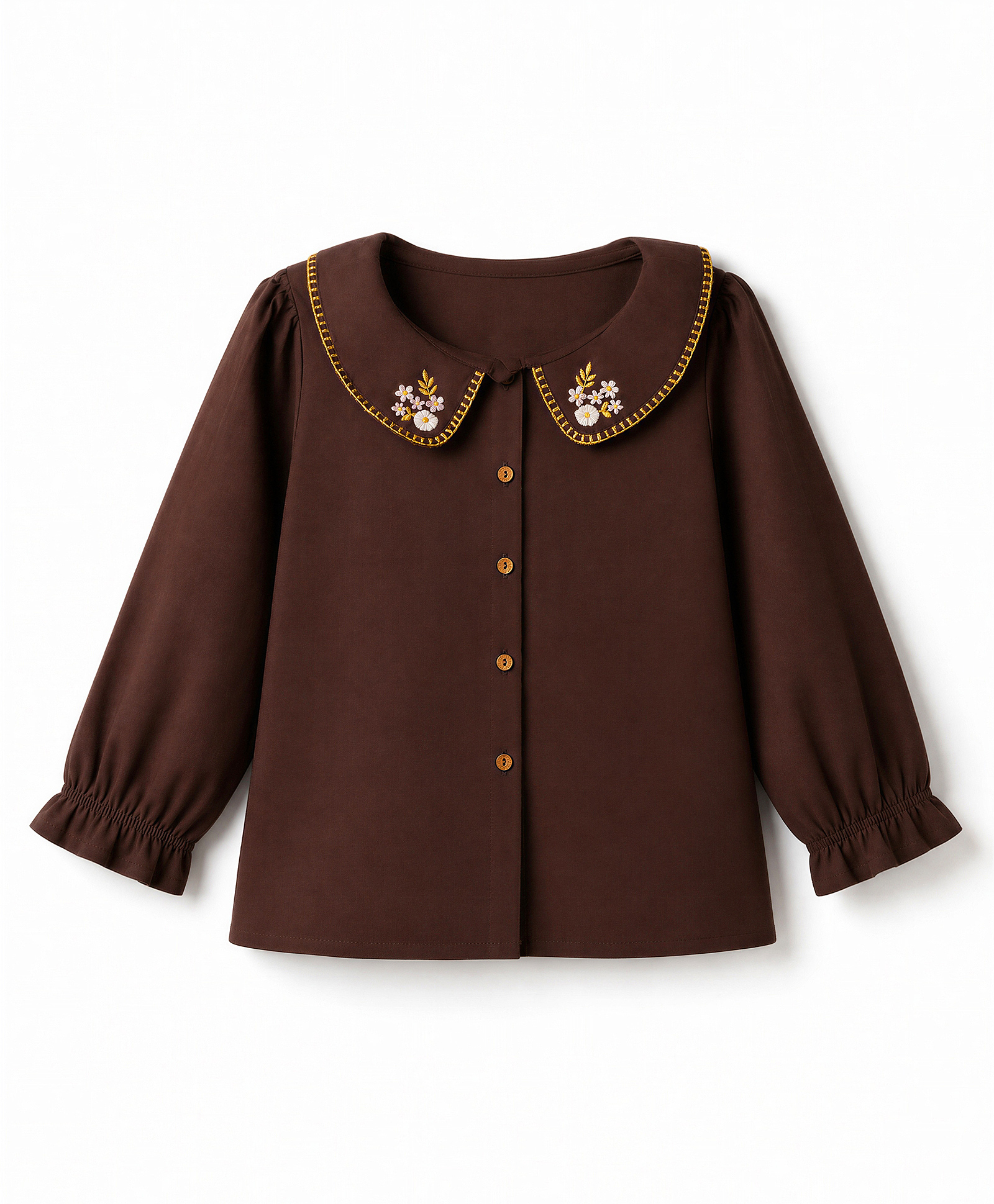 Bonfino Cotton Woven Full Sleeves Top with Floral Embroidery Detail - Brown-picture-29