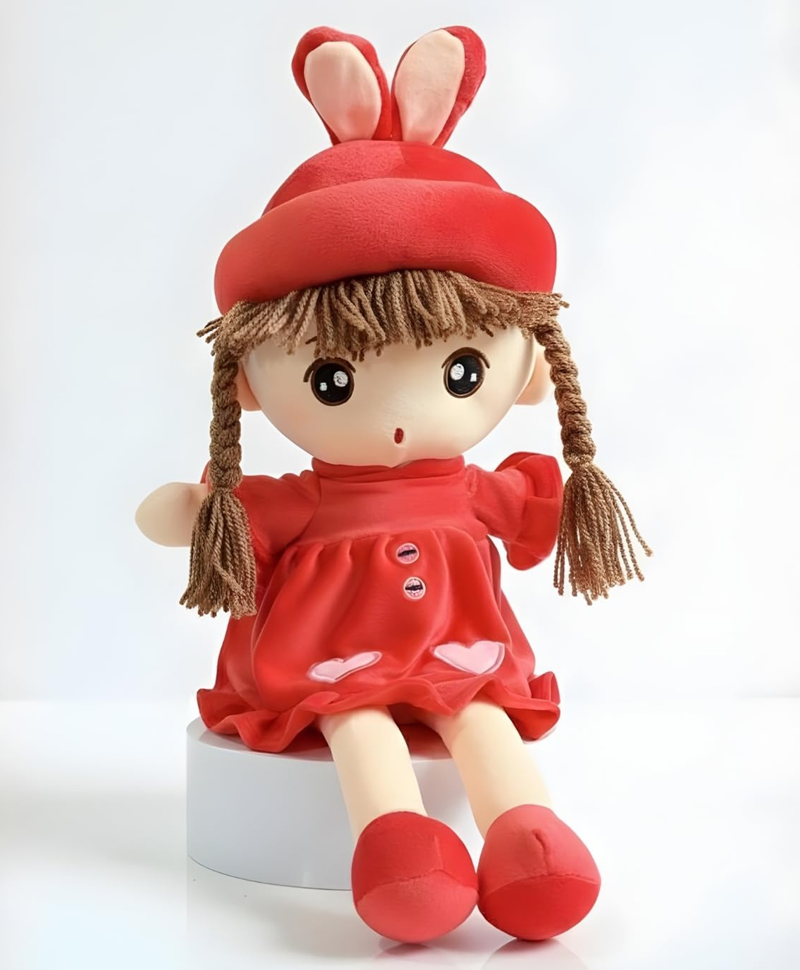 ELITE CREATIONS 60 cm Soft Plush Doll Toy for Kids & Girls Bunny Hat Doll with Red Dress & Braided Hair Cute Huggable Stuffed Toy for Babies-image-19