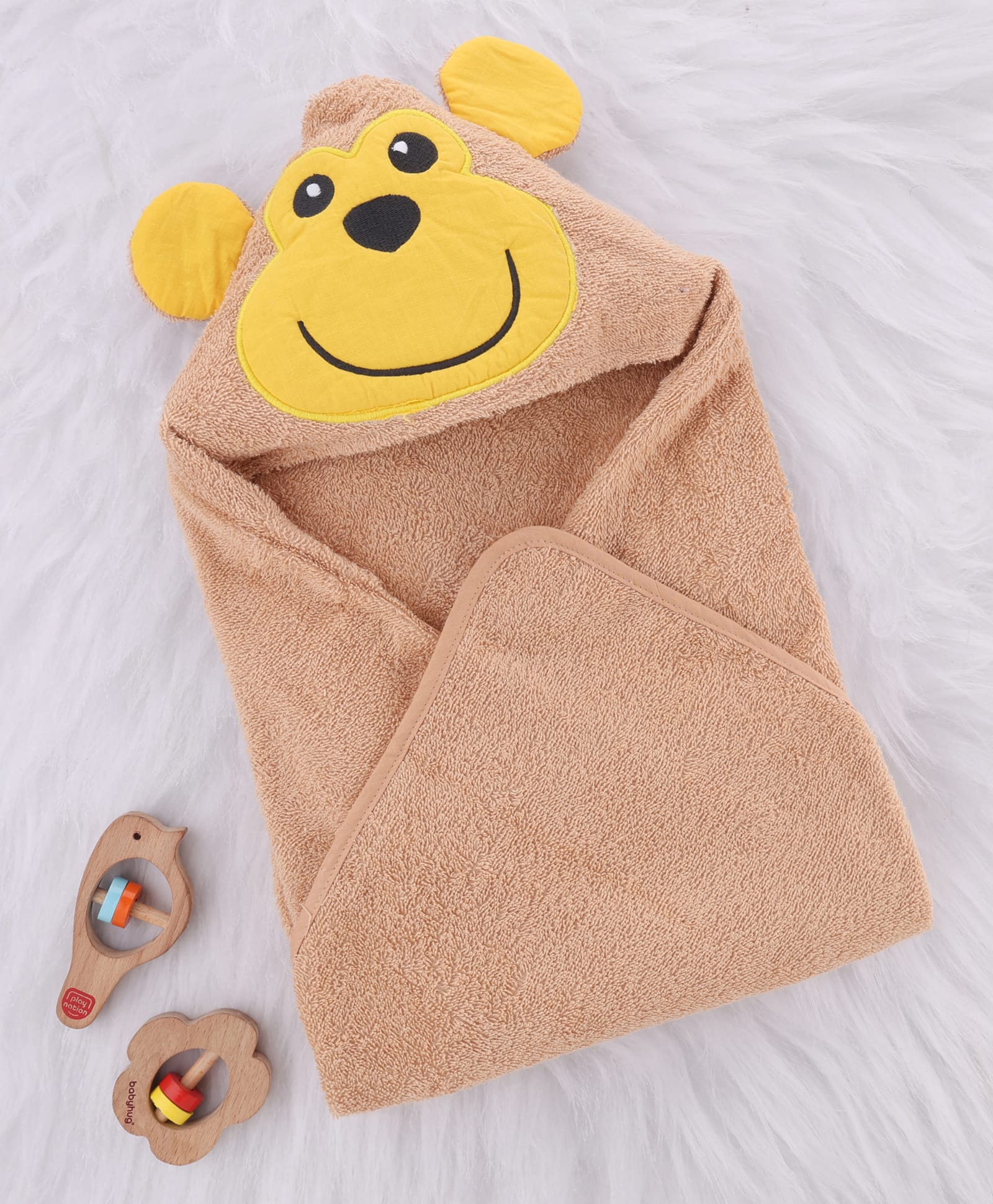Babyhug Cotton Knit Microfiber Hooded Towel With Money Applique L 72 x B 71 cm - Brown-image-44