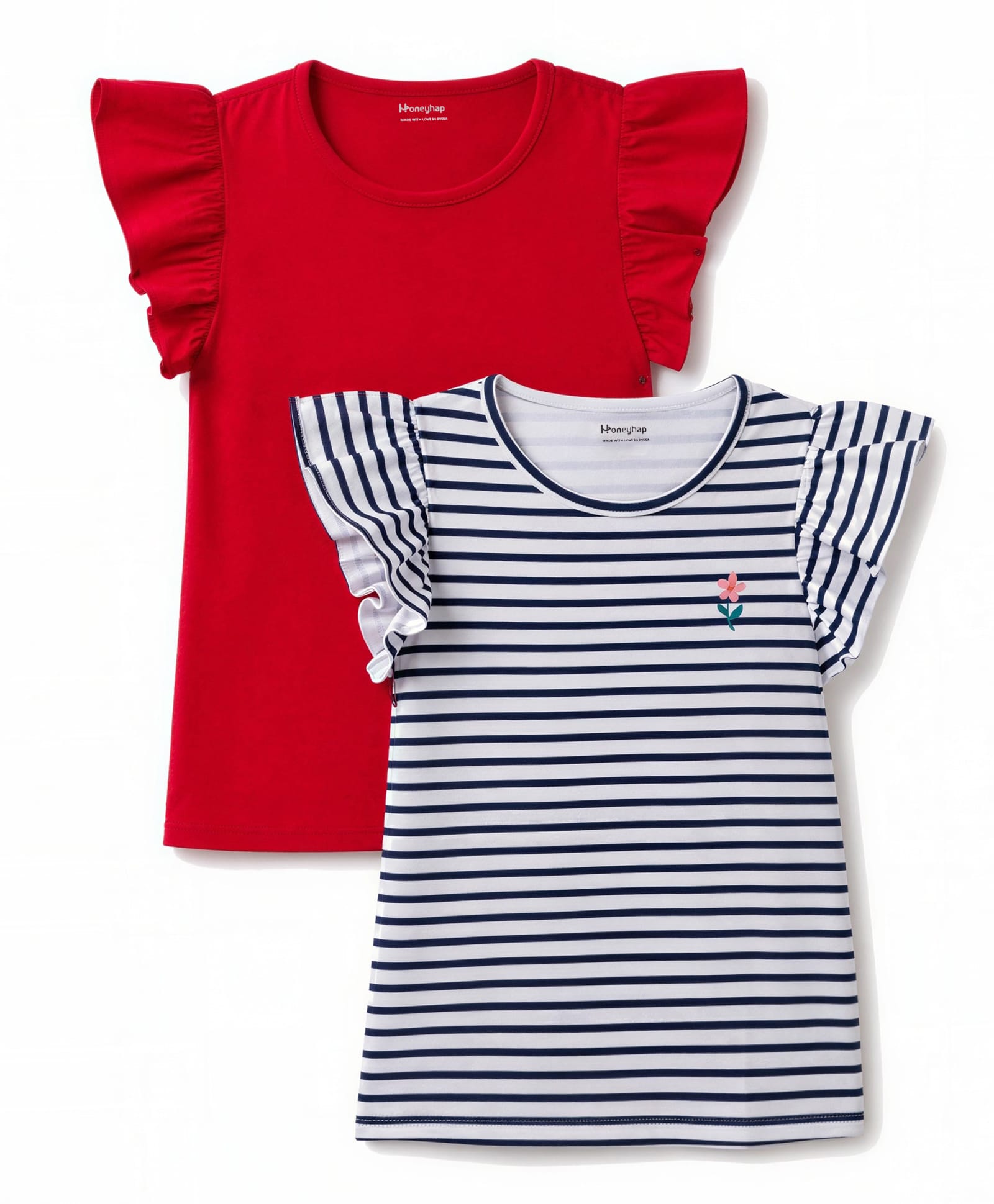 Honeyhap Cotton Knit Solid & Striped Frilled Sleeves Top Pack Of 2 - Red & Navy Blue-image-17