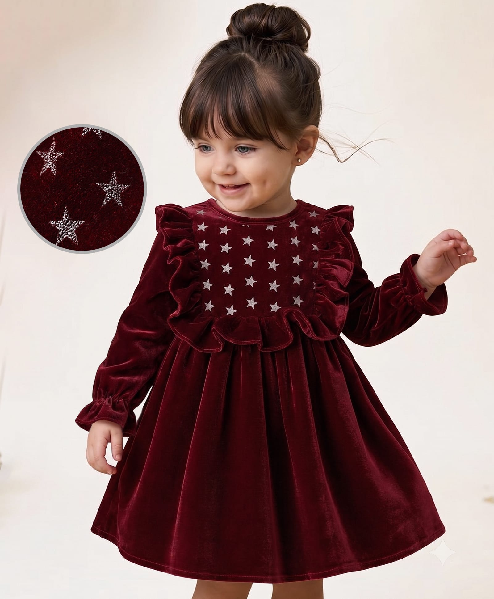 Babyoye Velour Woven Velvet Star Print Full Sleeves Party Dress - Maroon-picture-47