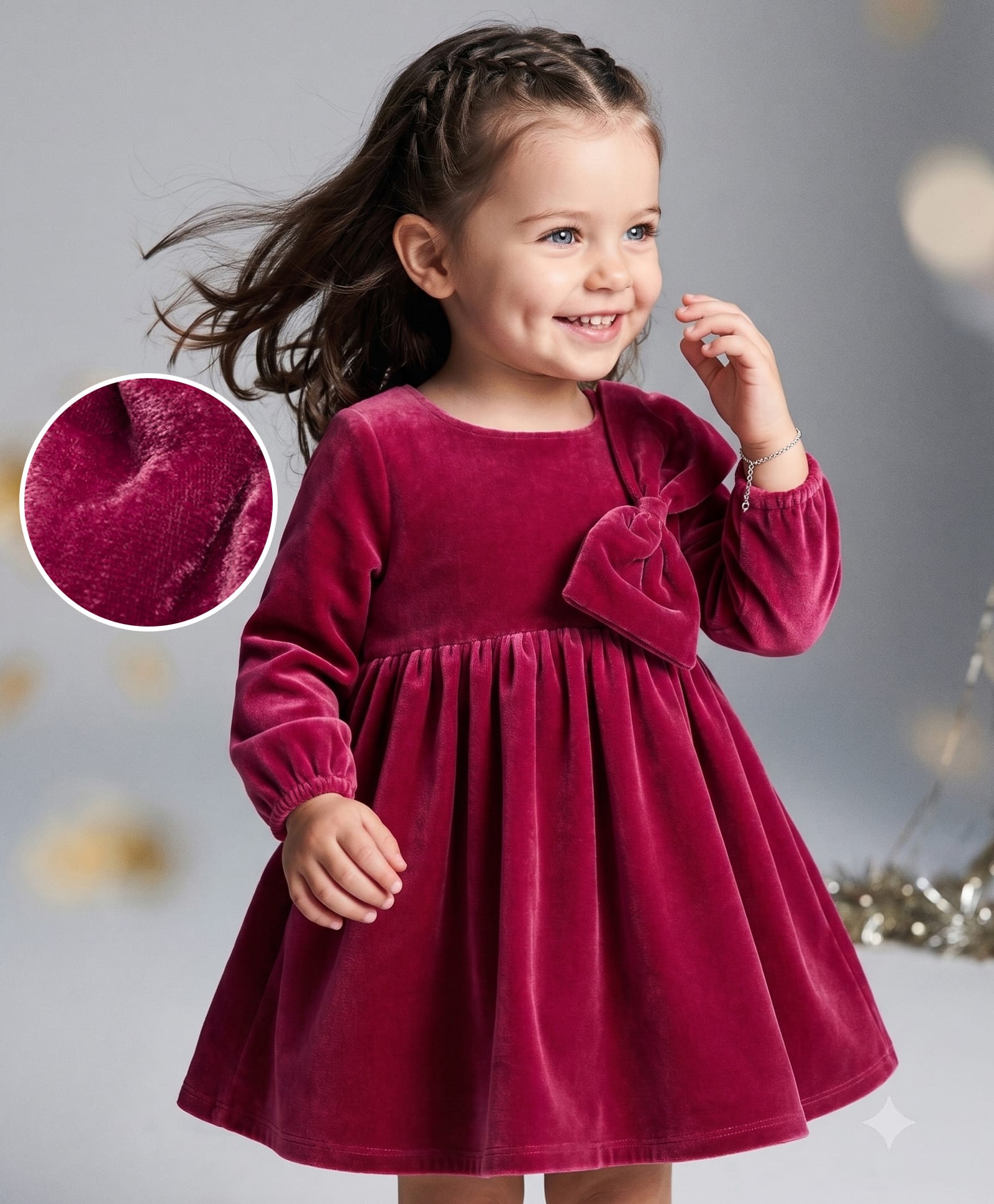 Babyoye Velour Woven Full Sleeves Solid Colour Party Dress with Bow Applique - Rose Gold-image-30