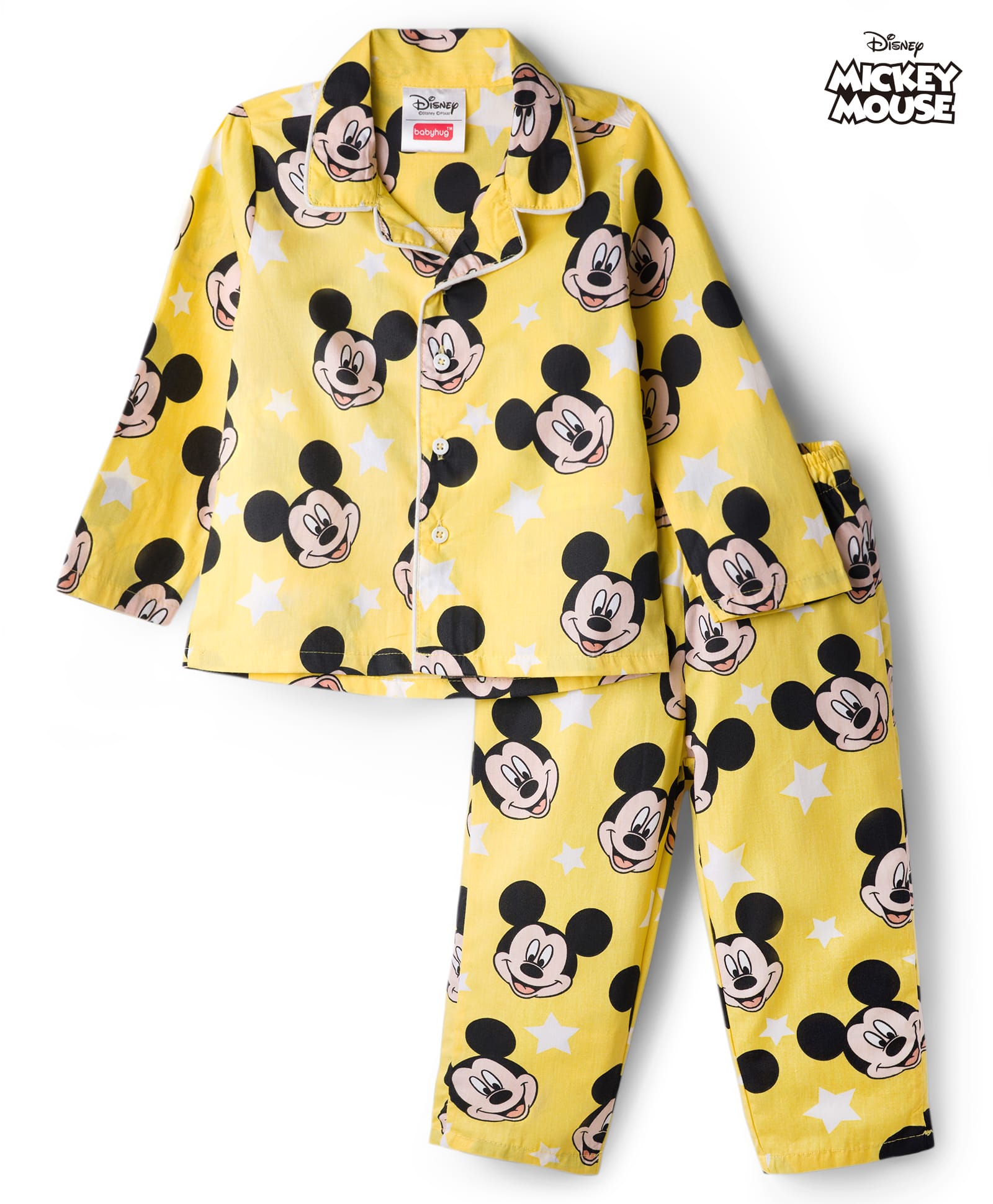 Babyhug Disney 100% Cotton Woven Full Sleeves Co-Ords Shirt & Pyjama Night Suit With Mickey Mouse Graphic - Yellow-image-1
