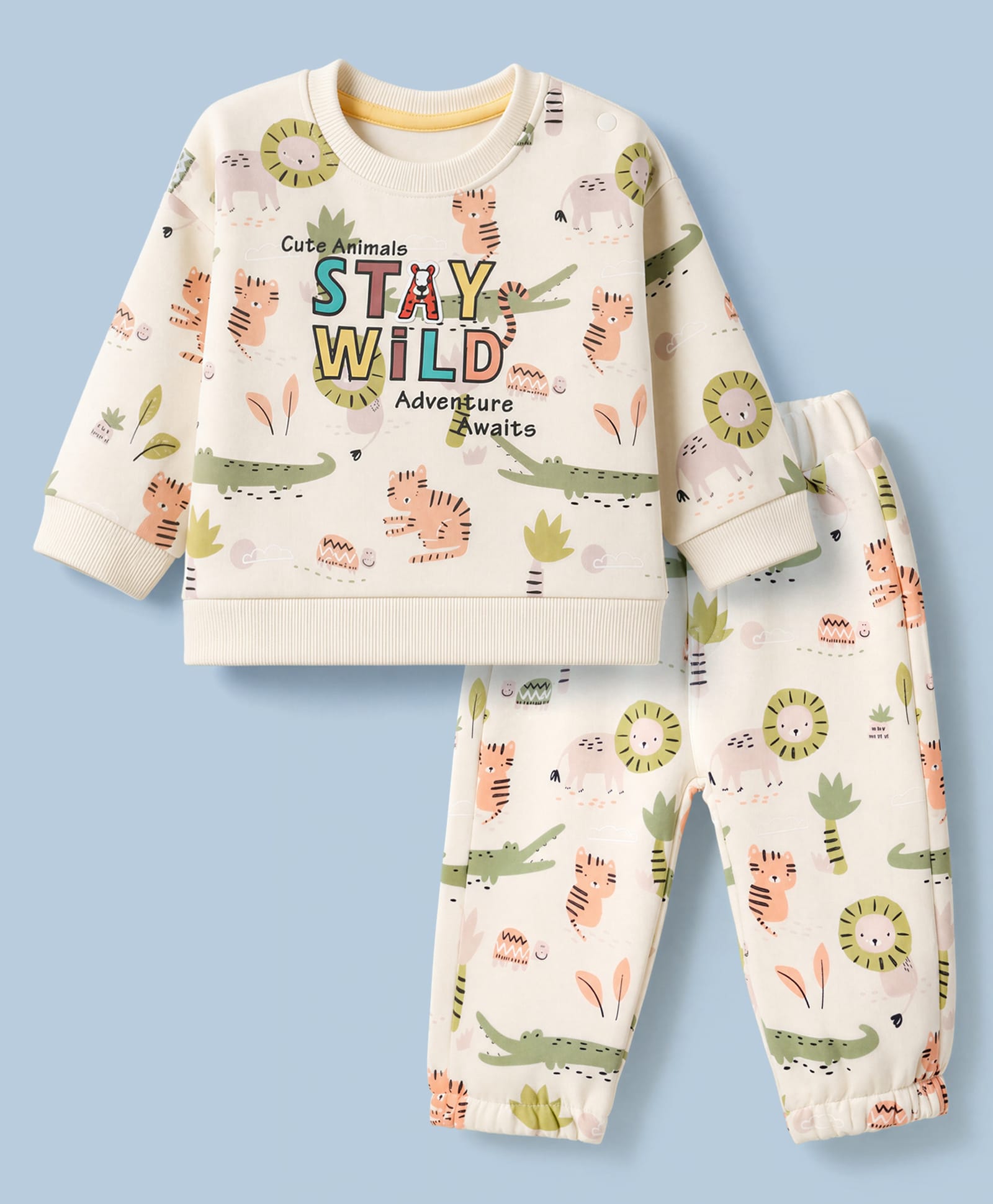ToffyHouse Fleece Knit Full Sleeves T-shirt and Joggers Set With Animal & Text Print - Cream-picture-32