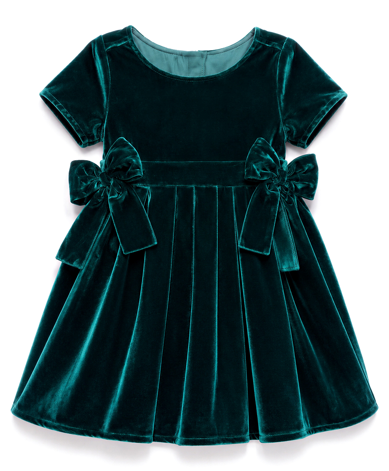 Babyoye Velour Woven Half Sleeves Pleated Party Dress With Bow Applique - Dark Green-image-38