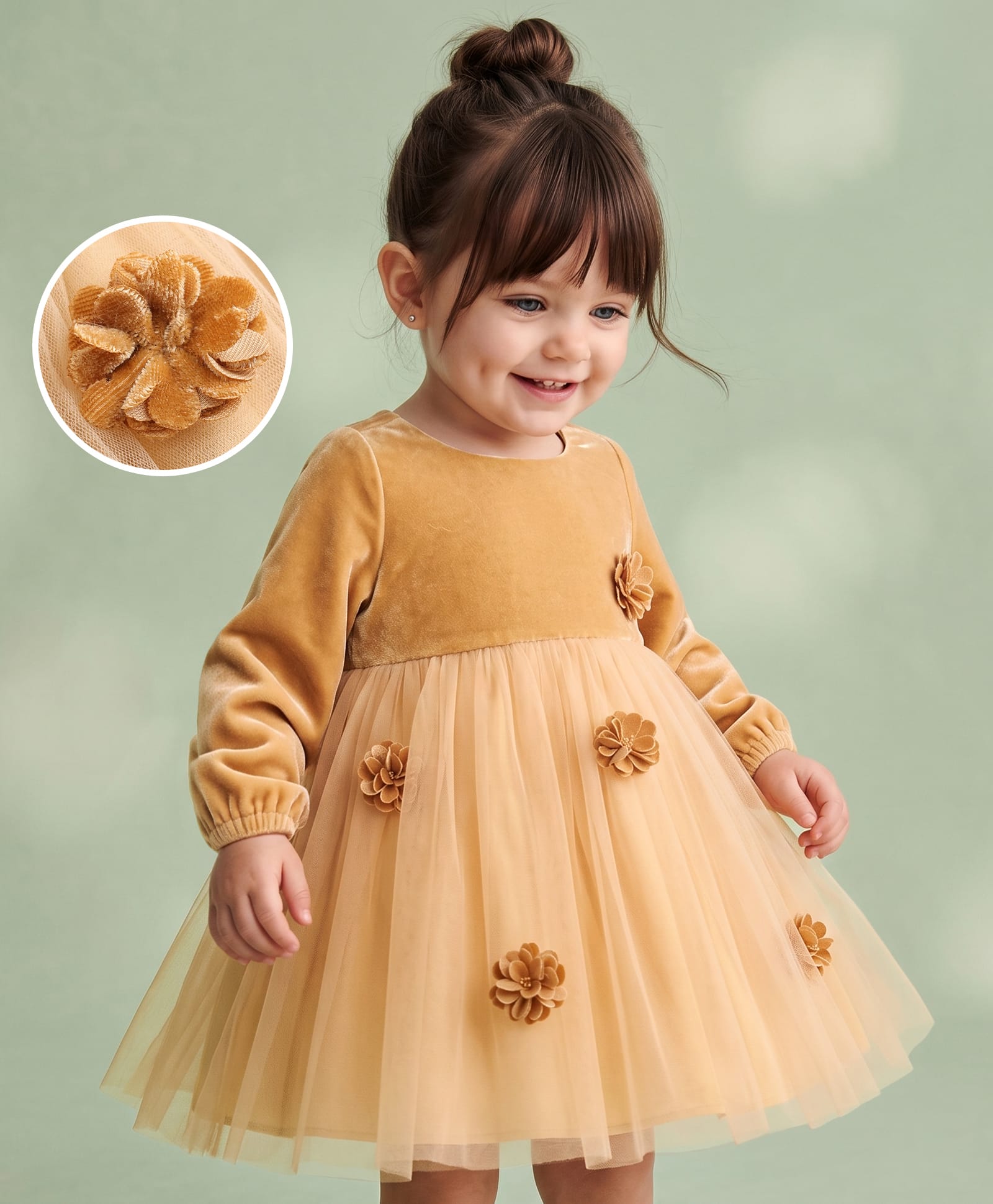Babyoye Velour Woven Velvet Full Sleeves Party Dress With Floral Applique - Beige-image-4